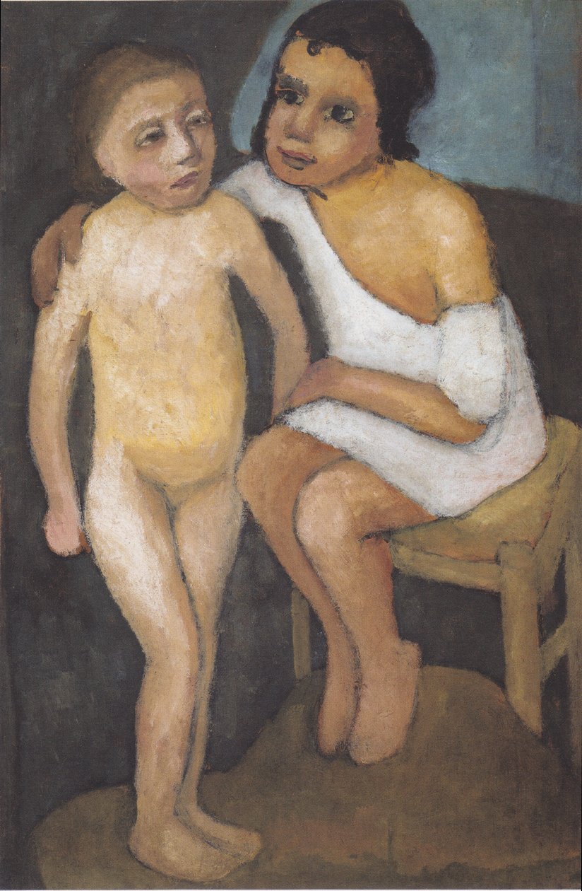 Istuva tyttö valkoisessa paidassa ja seisova tyttö alasti tekijältä Paula Modersohn Becker
