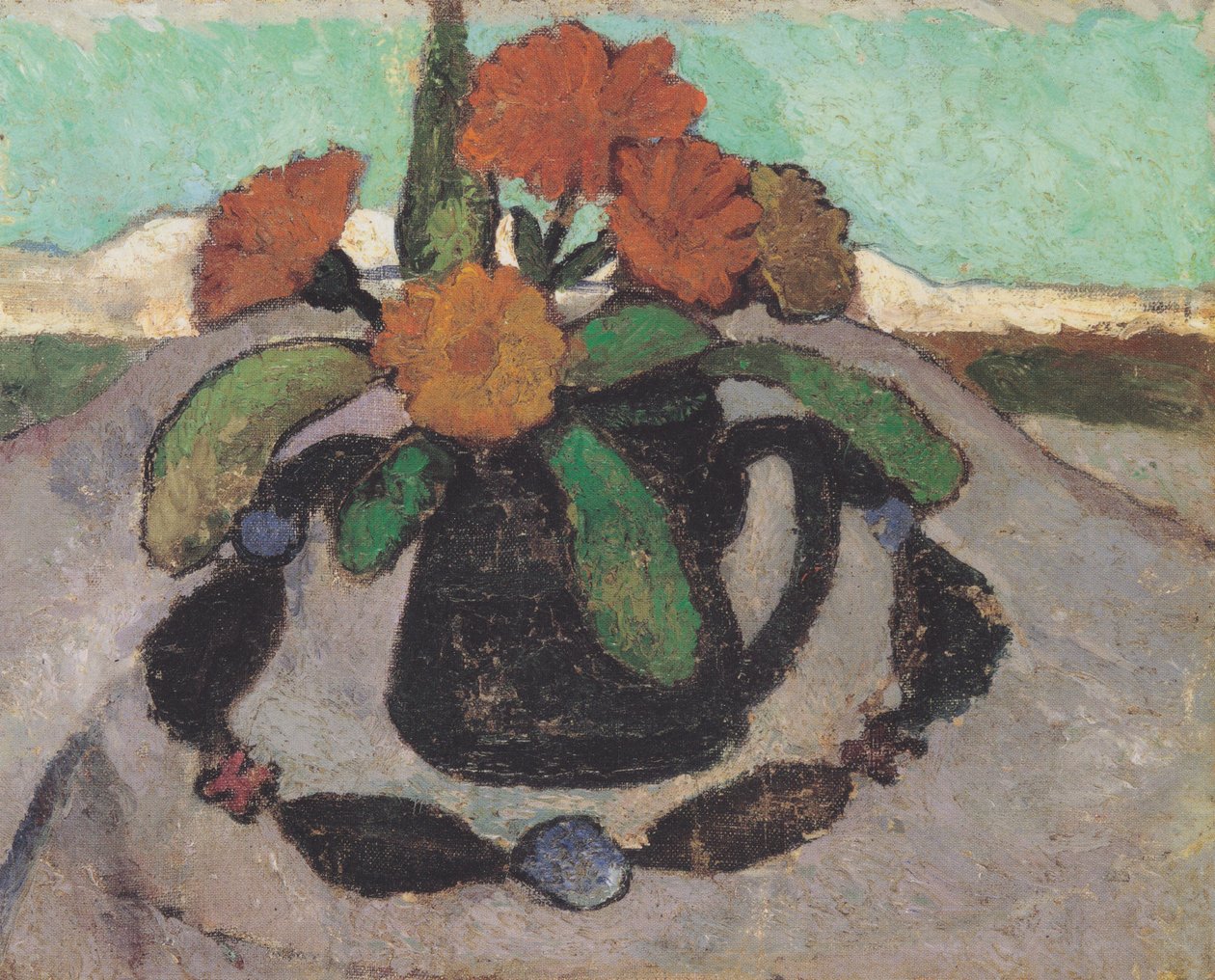 Asetelma, jossa kehäkukkia maiseman edessä tekijältä Paula Modersohn Becker