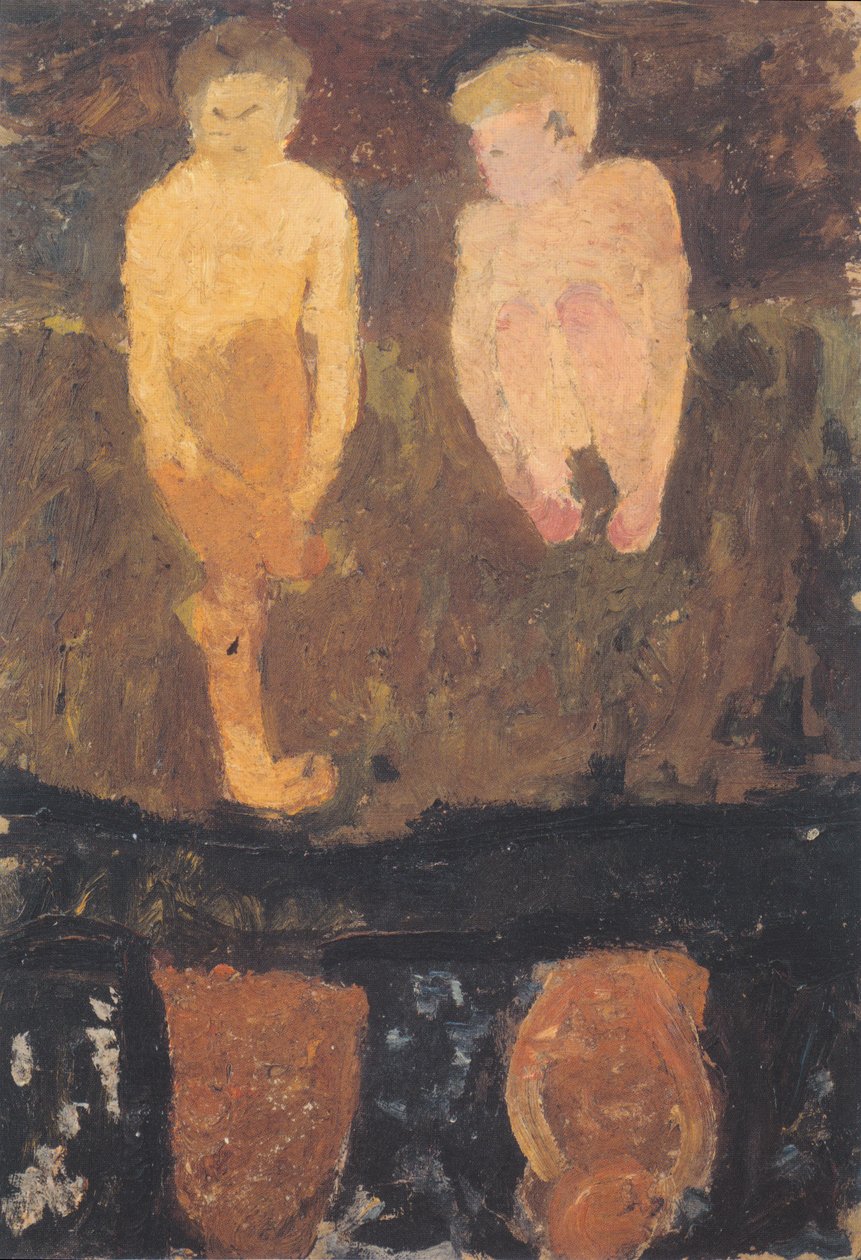 Kaksi alastonta poikaa kyykyssä rannalla II tekijältä Paula Modersohn Becker