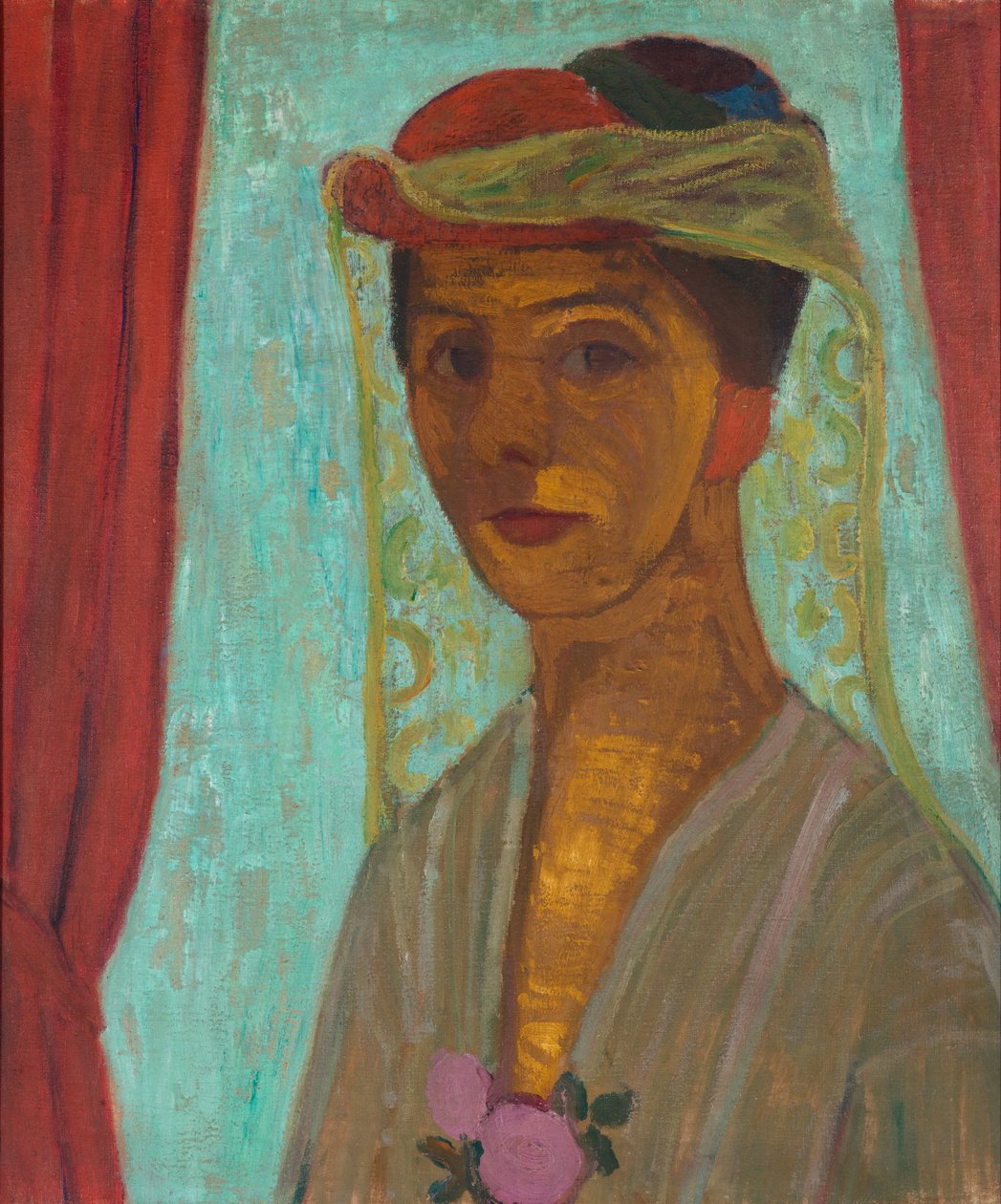 "Omakuva hatulla ja hunnulla" (Omakuva hatulla ja hunnulla) Paula Modersohn-Beckerin (1876-1907) maalaus - 1906-1907 - Öljy pahville Koko 89,6x79,8 cm Gemeentemuseum Den Haag (Hag) Alankomaat tekijältä Paula Modersohn Becker
