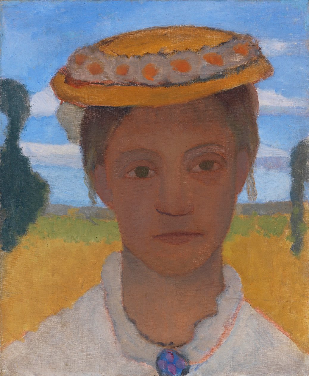 Taiteilijasisar Herma koirankakkaraseppeleellä hatussa, n. 1901. tekijältä Paula Modersohn Becker