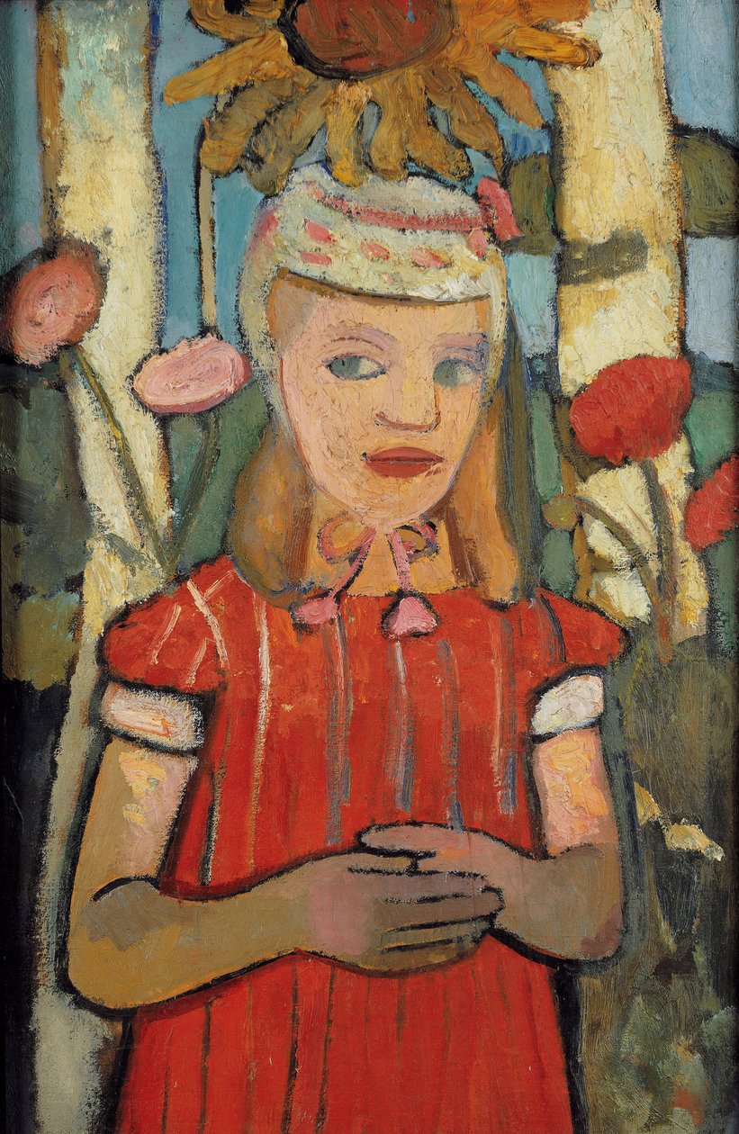 Tyttö punaisessa mekossa auringonkukan edessä, 1907. tekijältä Paula Modersohn Becker