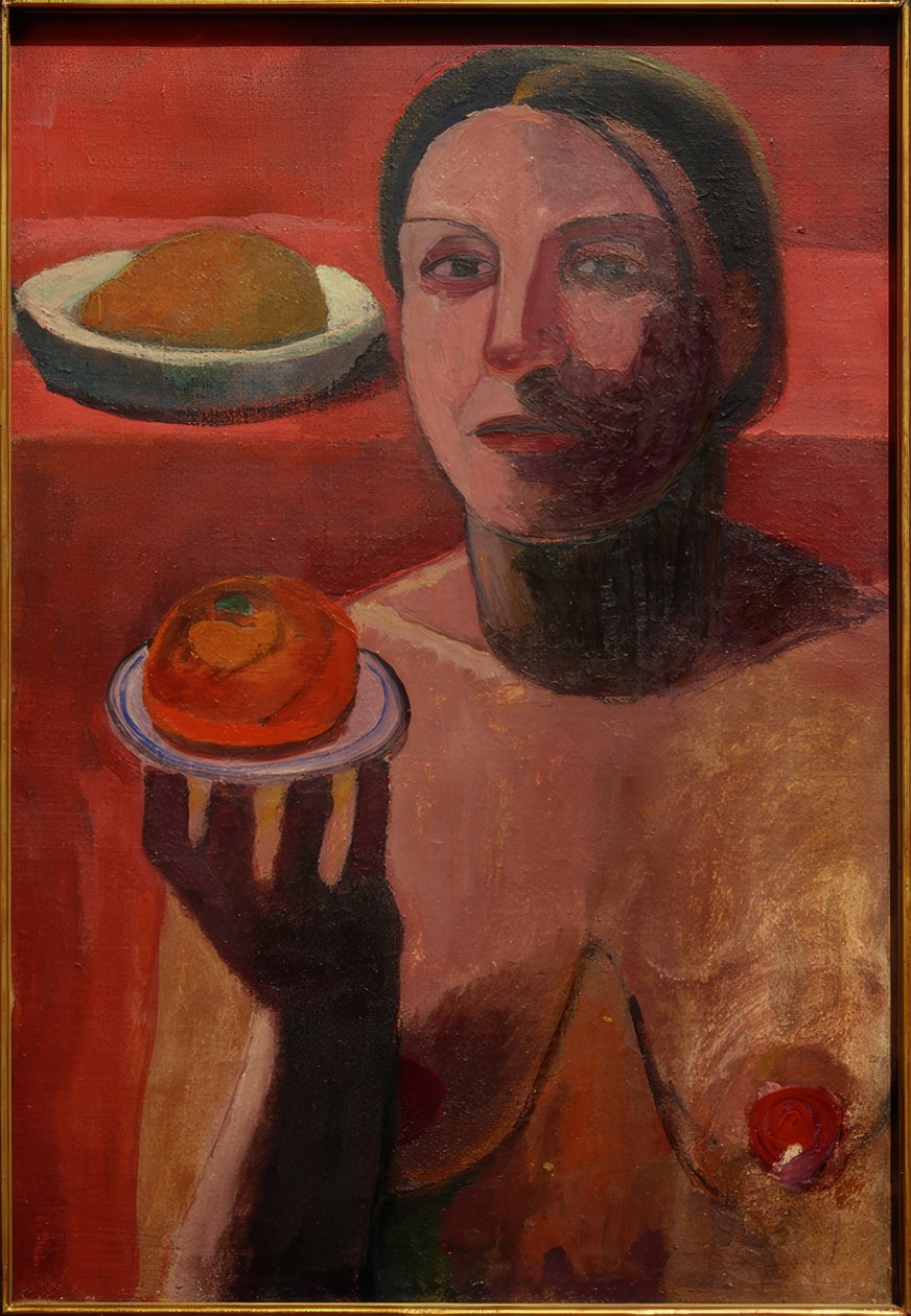 Italialaisen naisen puolialaston kuva, jolla on lautanen nostetussa kädessä tekijältä Paula Modersohn Becker