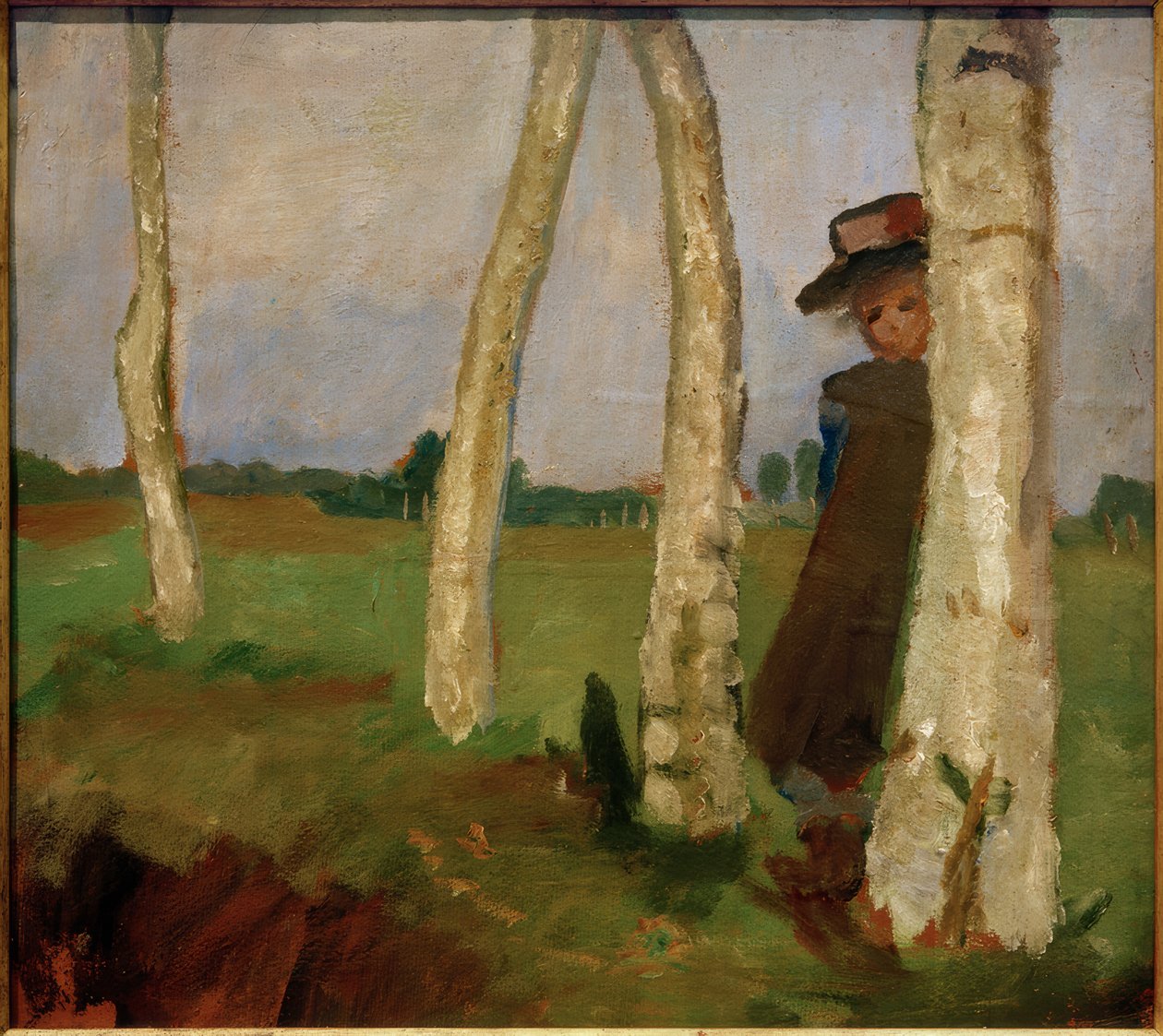 Tyttö hatussa koivun runkojen välissä tekijältä Paula Modersohn Becker