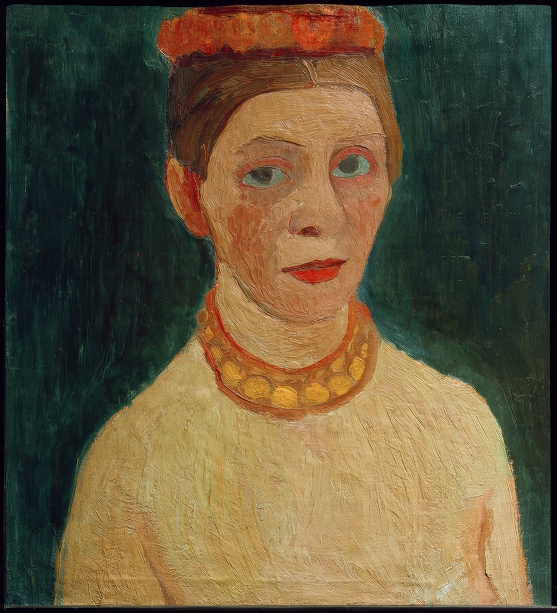 Omakuva punaisella seppeleellä hiuksissaan tekijältä Paula Modersohn Becker