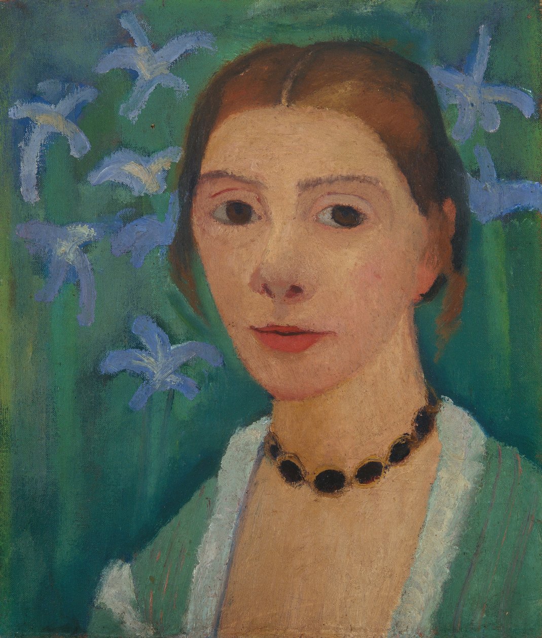Omakuva vihreän taustan edessä, jossa on sininen iiris tekijältä Paula Modersohn Becker
