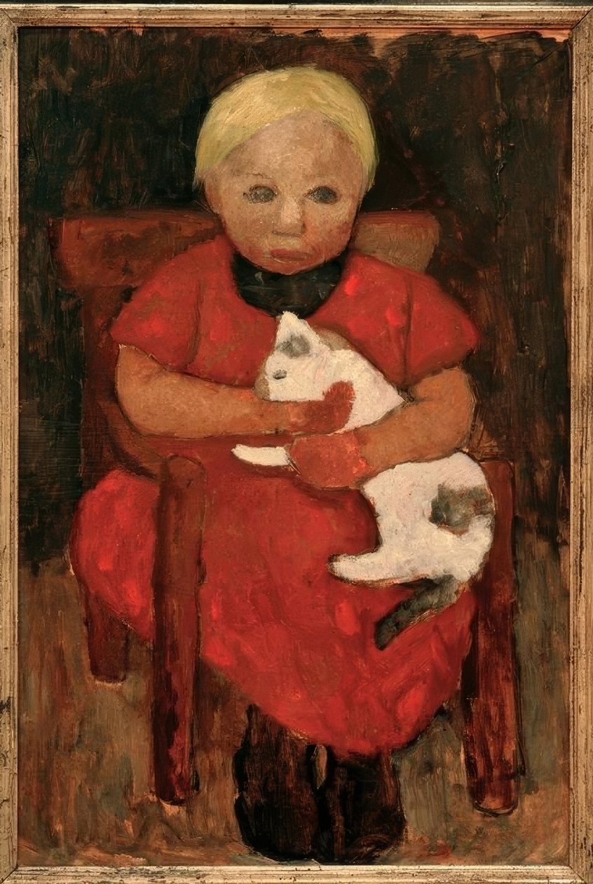 Istuva maanviljelijälapsi kissan kanssa tekijältä Paula Modersohn Becker