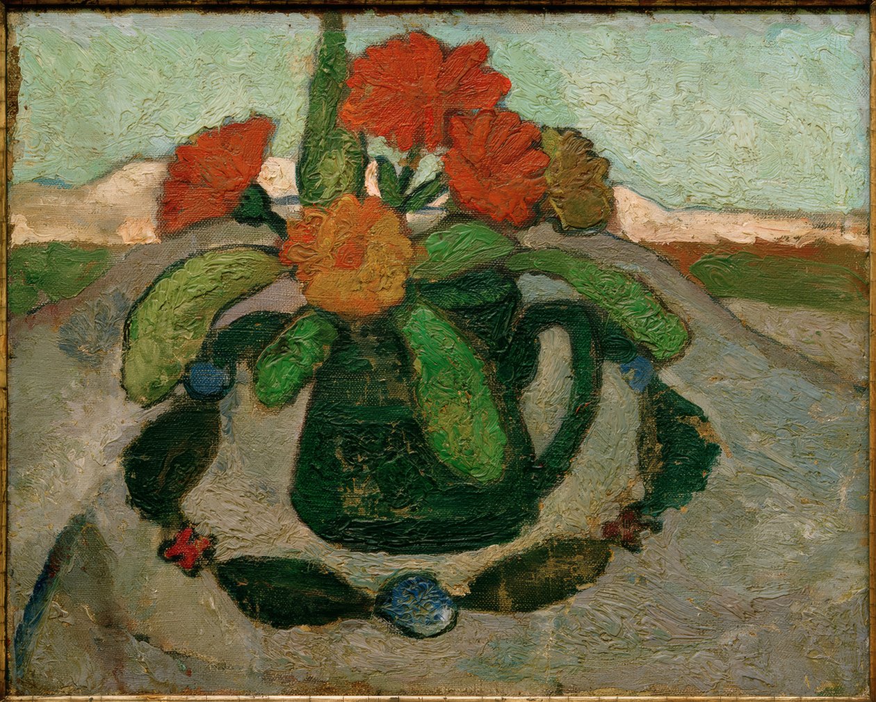 Asetelma, jossa kehäkukkia maiseman edessä tekijältä Paula Modersohn Becker
