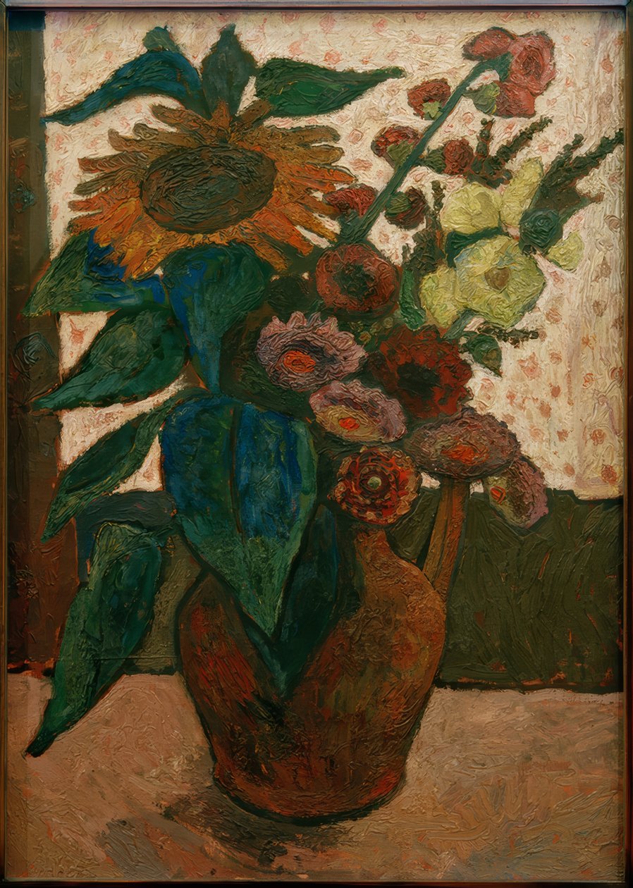 Stillleben mit Sonnenblume, Stockrosen und Georginen tekijältä Paula Modersohn Becker