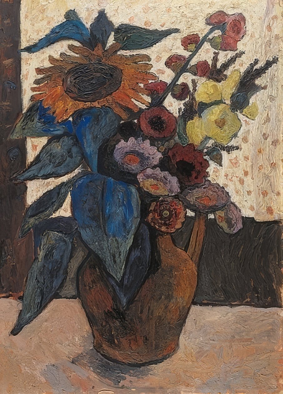 Asetelma auringonkukkien, salkoruusujen ja georgiinien kanssa. 1907 tekijältä Paula Modersohn Becker