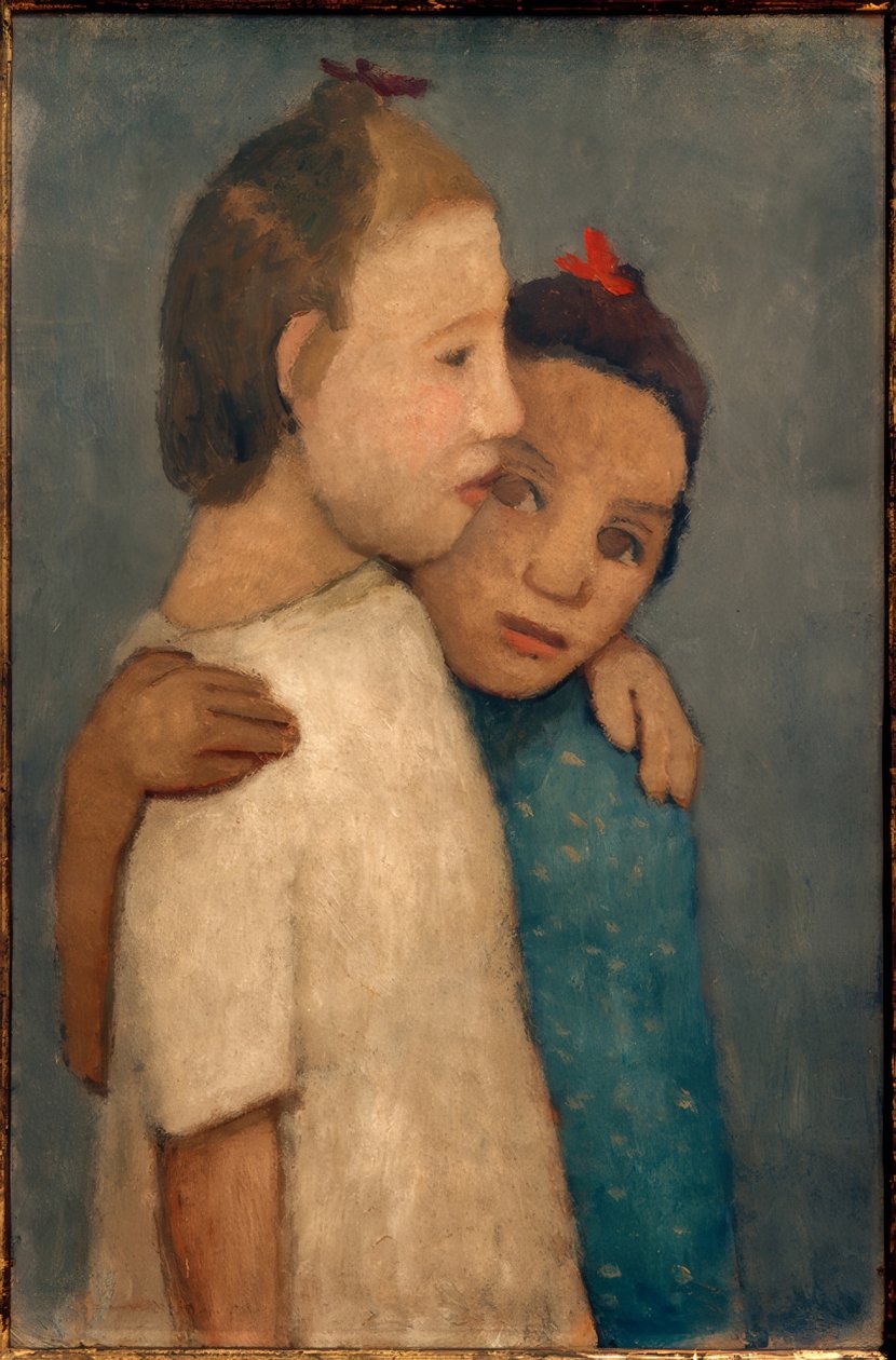 Kaksi valkoisiin ja sinisiin mekkoihin pukeutunutta tyttöä istuu koulussa. tekijältä Paula Modersohn Becker