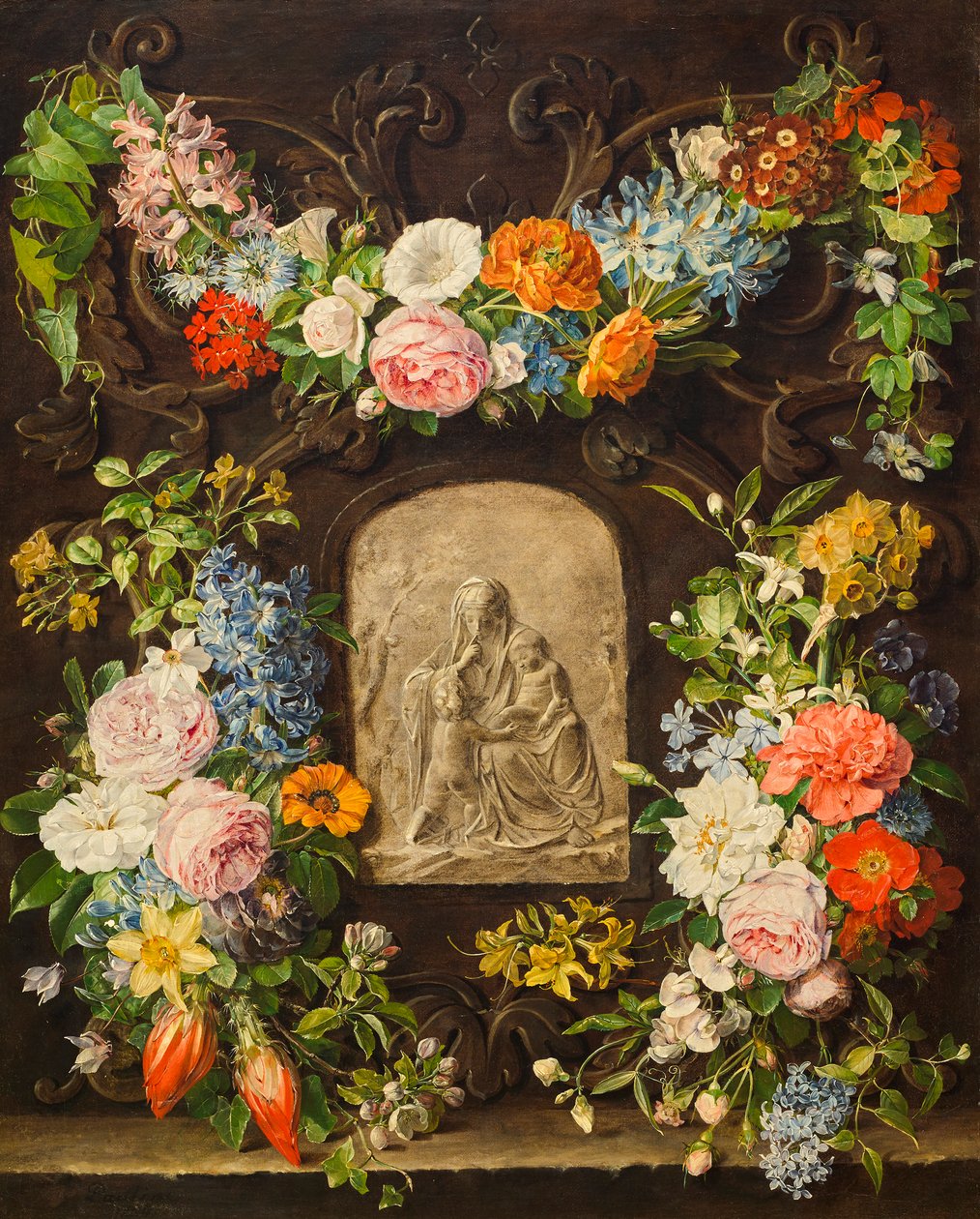 Kukkaseppele, jossa Madonna-relief tekijältä Pauline von Koudelka Schmerling