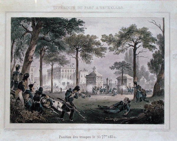 Joukot Parc Royalissa, Brysselissä, 25. syyskuuta 1830, kaiverrus Dewasme-Pletinckx (väri litho) tekijältä Paulus (after) Lauters