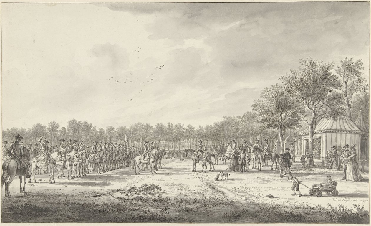 Prinssi William V:n ratsuväen revyy Malieveldillä Haagissa, 1770 tekijältä Paulus Constantijn la Fargue
