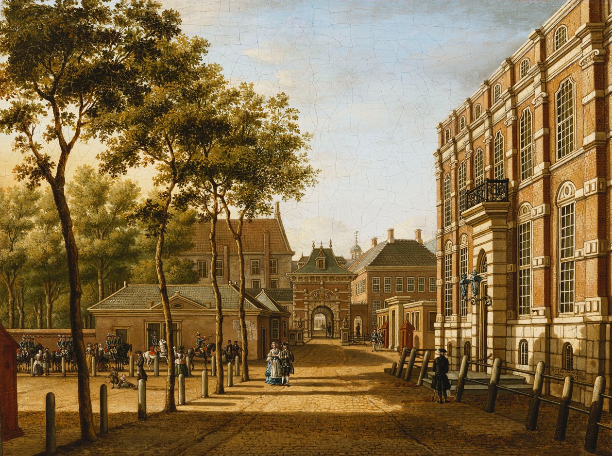 Haag: Mauritspoort ja Binnenhof nähtynä aukion toisella puolella, 1773 tekijältä Paulus Constantijn la Fargue