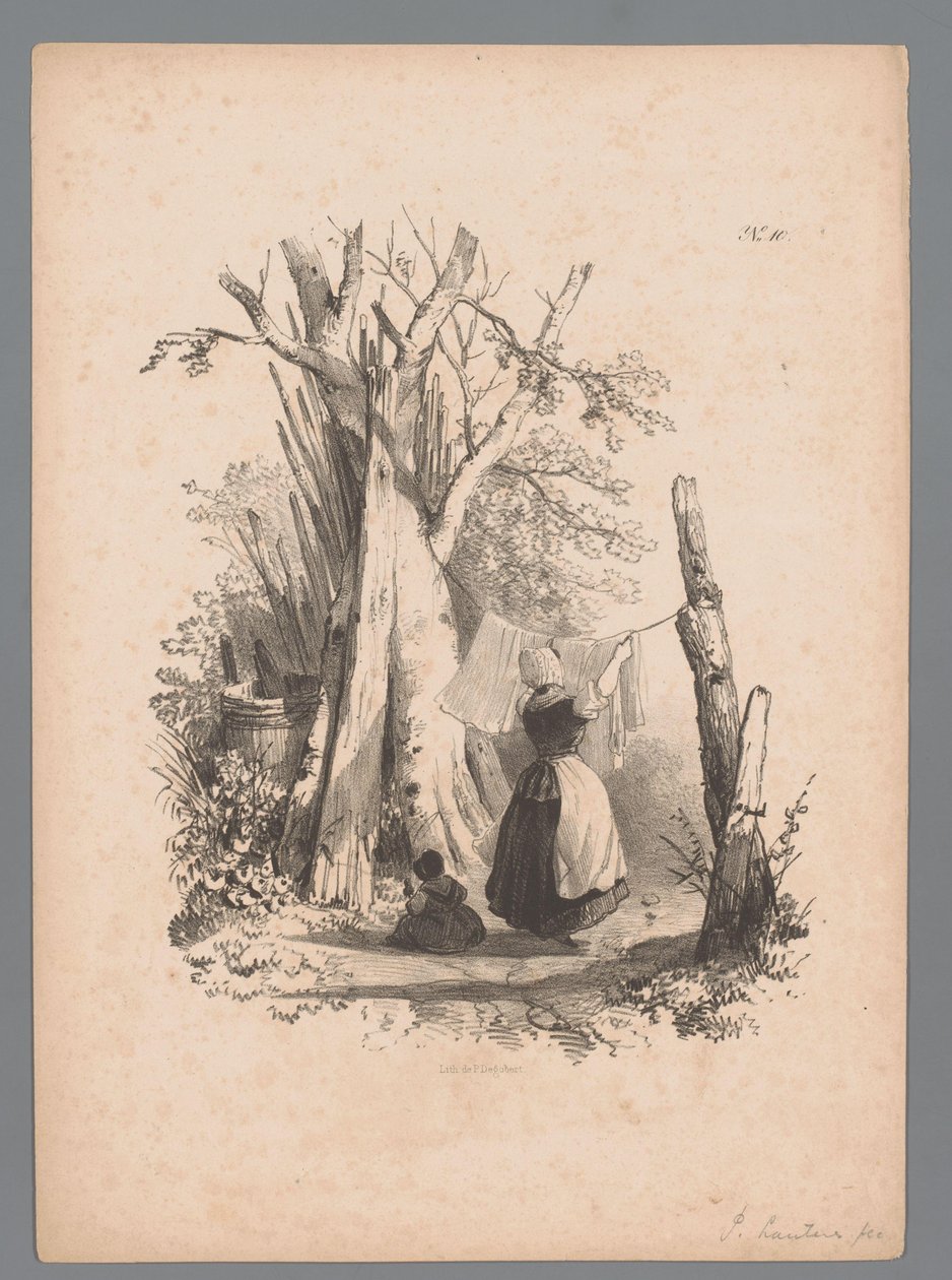 Paisatge amb una dona penjant la bugaderia Estudis del paisatge de Paulus Lauters (títol de la sèrie) Nouvelle suite de 40 études de paysages par P. Lauters (títol de la sèrie)finès tekijältä Paulus Lauters (attributed to)