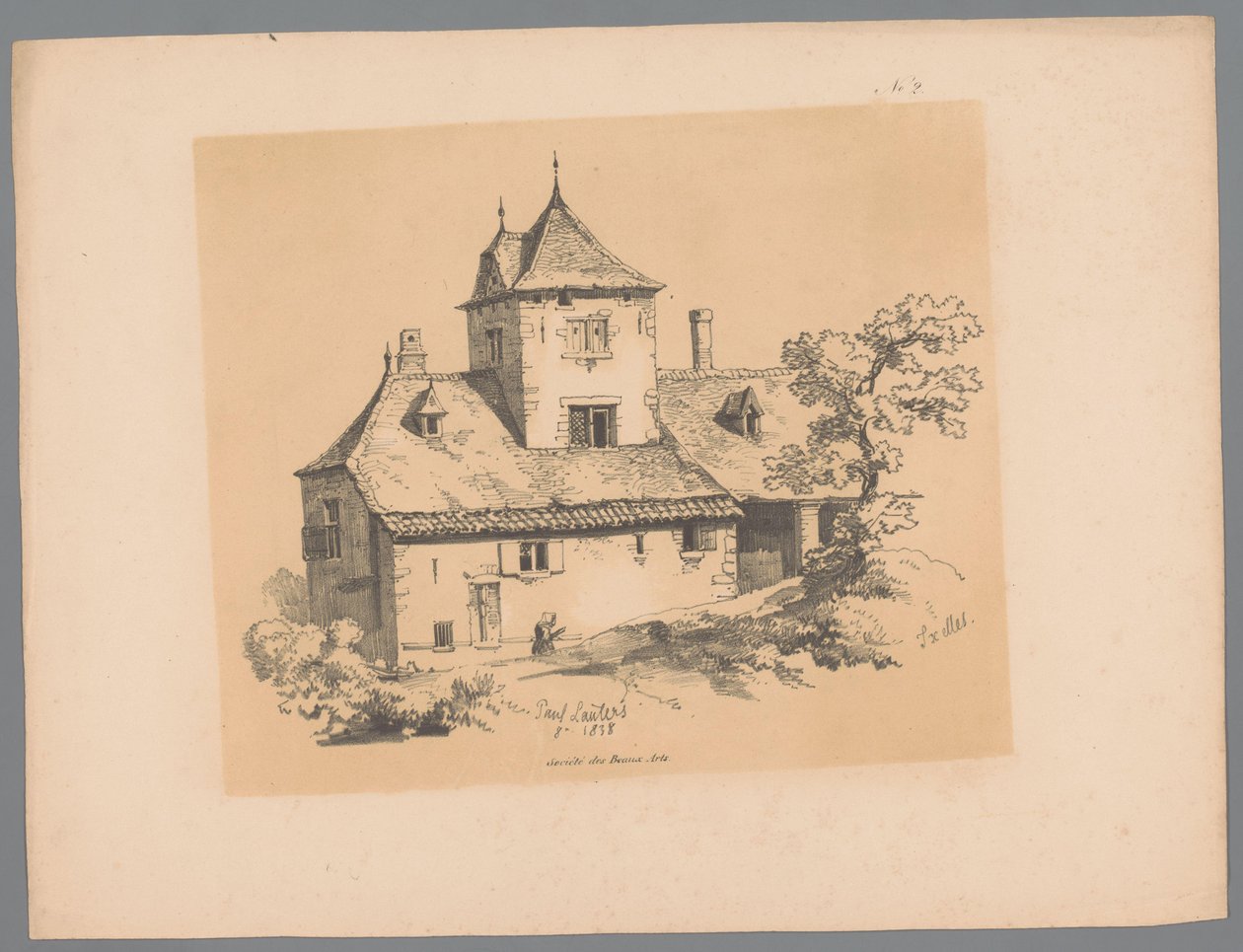 Näkymä maalaistaloon Ixellesissä Ixelles (otsikko objektissa) Paulus Lautersin maalaukselliset kasvot (sarjan nimi) Etrennes pittoresques pour 1839, par Lauters (sarjan nimi) tekijältä Paulus Lauters