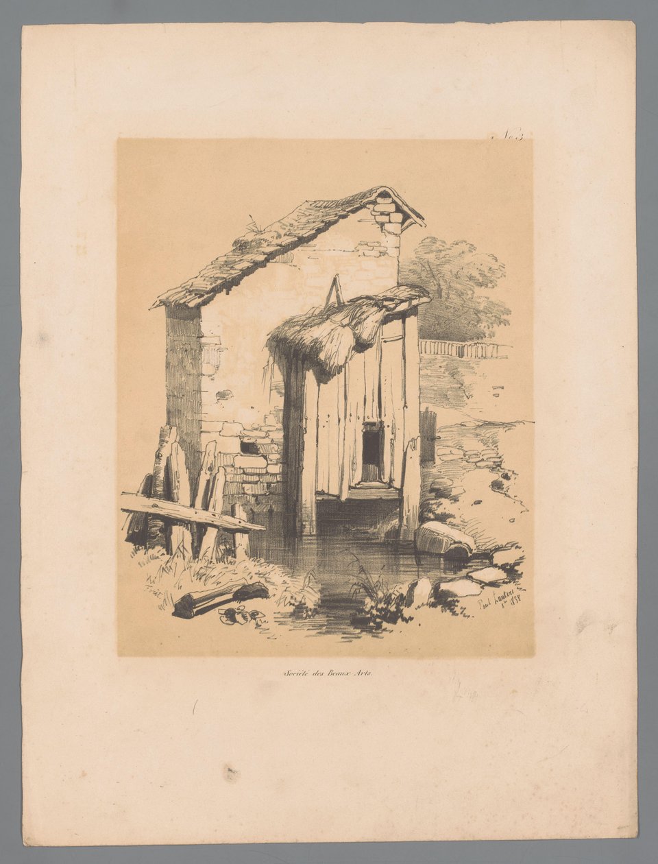 Näkymä navetta veden päällä Forêt (otsikko esineessä) Paulus Lautersin maalaukselliset kasvot (sarjan nimi) Etrennes pittoresques pour 1839, par Lauters (sarjan nimi) tekijältä Paulus Lauters