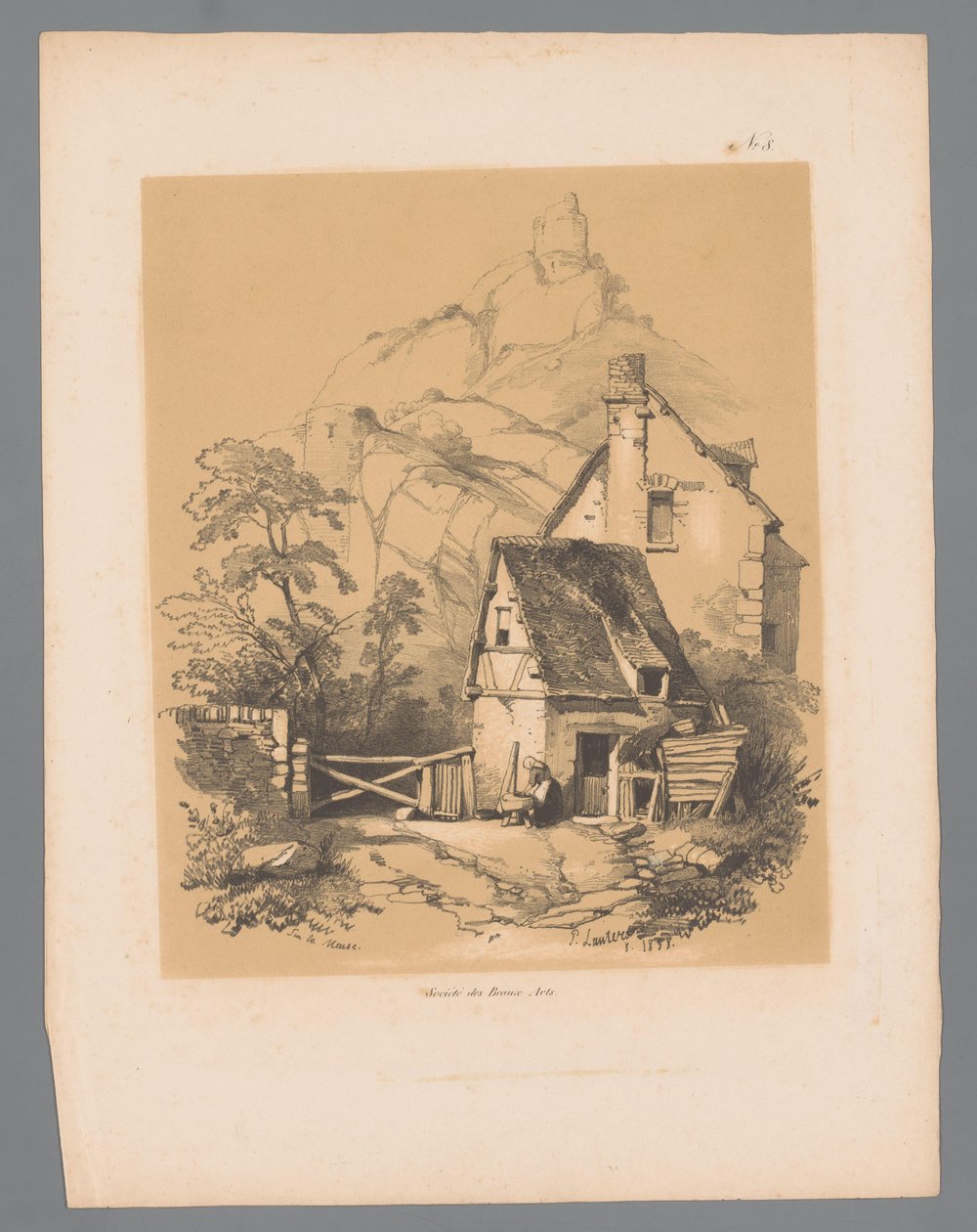 Meuse-maisema, jossa talo vuoren juurella, jonka päällä on raunio Sur la Meuse (otsikko esineessä) Paulus Lautersin maalaukselliset kasvot (sarjan nimi) Etrennes pittoresques pour 1839, par Lauters (sarjan nimi) tekijältä Paulus Lauters