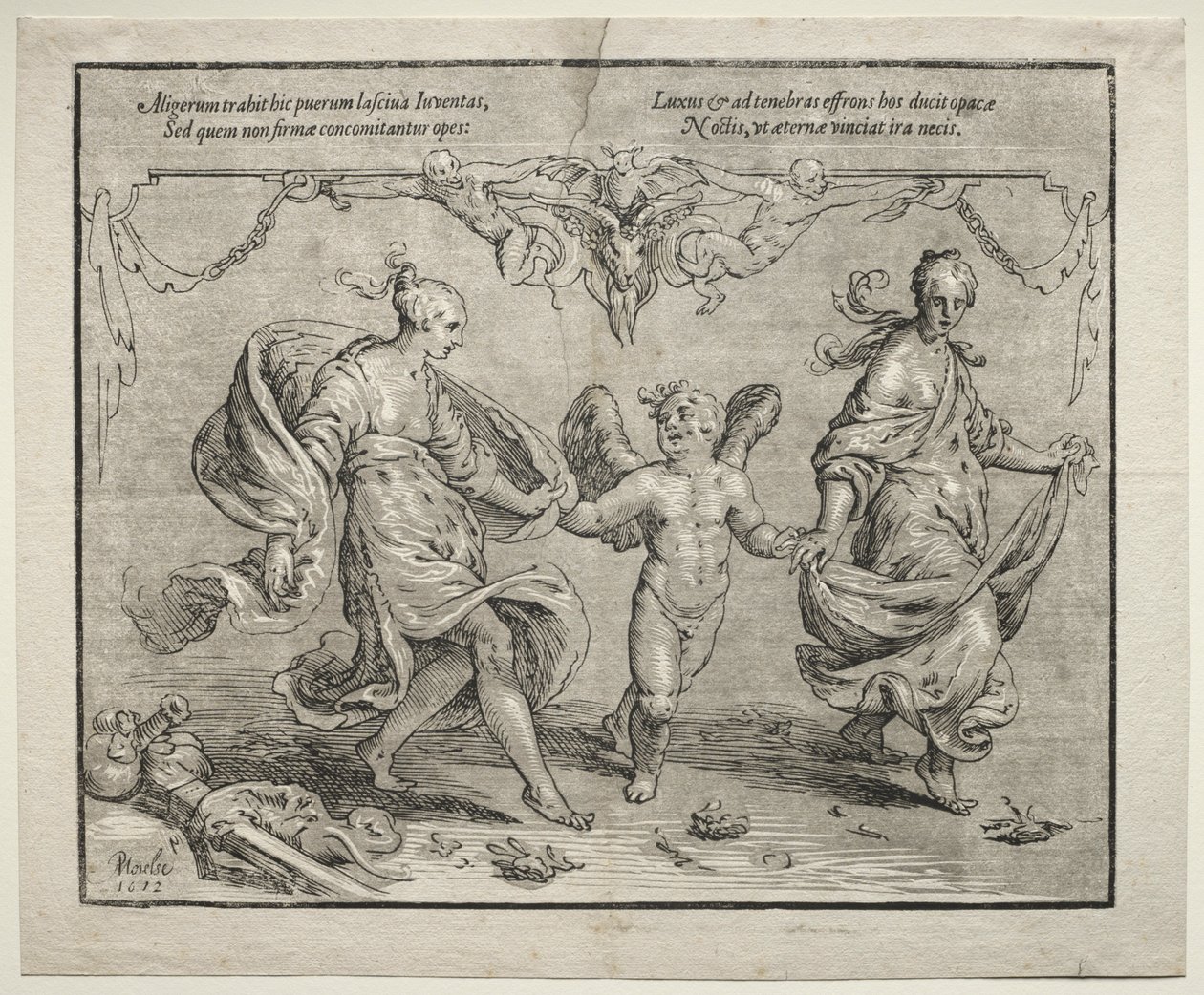 Amor tanssii kahden allegorisen naisen kanssa, 1612. tekijältä Paulus Moreelse