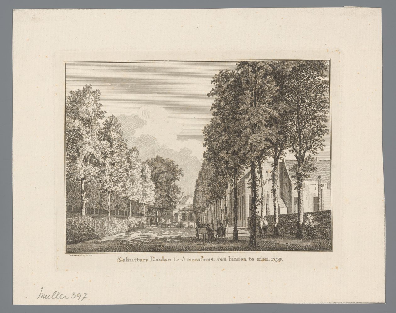Näkymä Doelenille Amersfoortissa Shooters Doelen Amersfoortissa nähdään sisältä. 1759 (otsikko esineessä) tekijältä Paulus van Liender