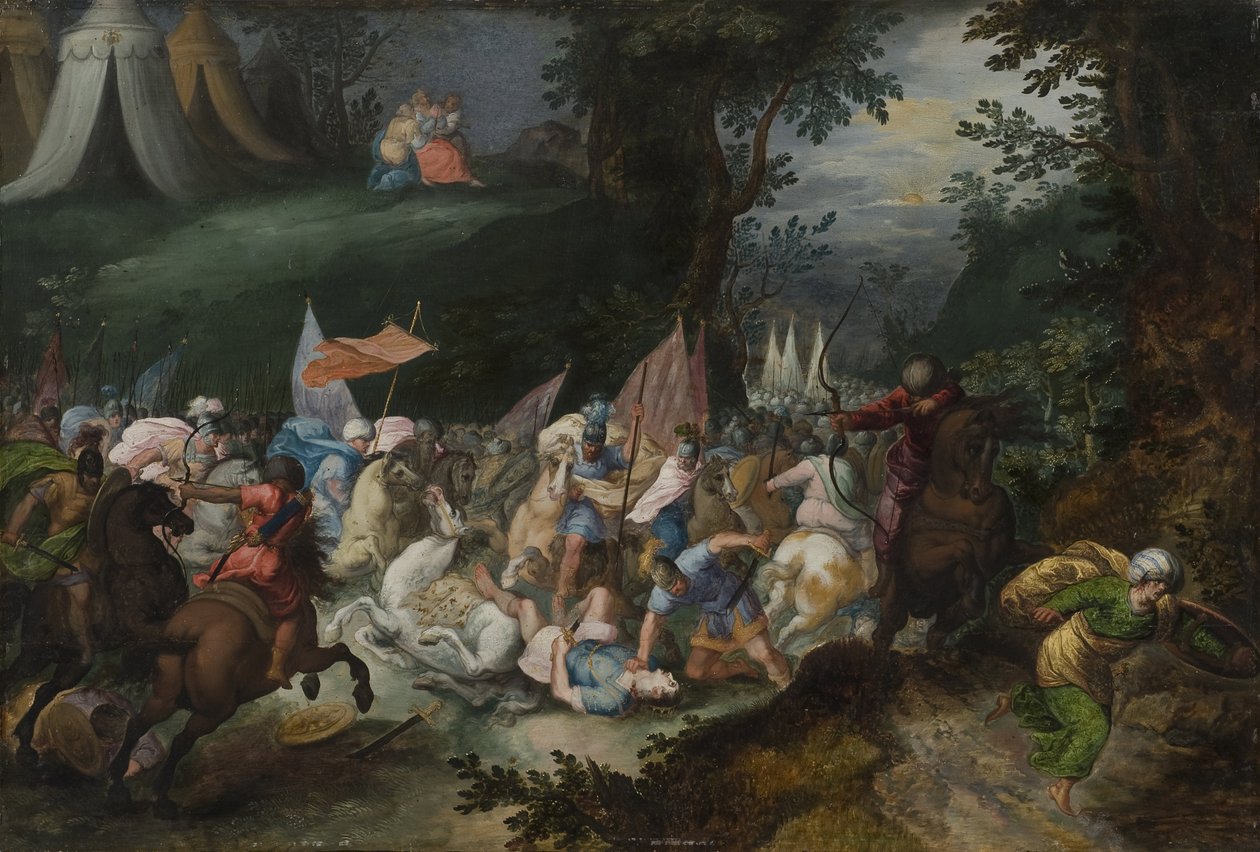 Bataille entre les Israelites et les Amalecites - Taistelu israelilaisten ja amalekilaisten välillä, Casteels, Pauwels (toimii noin 1649-1680). Öljy puulle. Mitat: 45 x 65 cm. Tukholman kansallismuseo tekijältä Pauwel Casteels