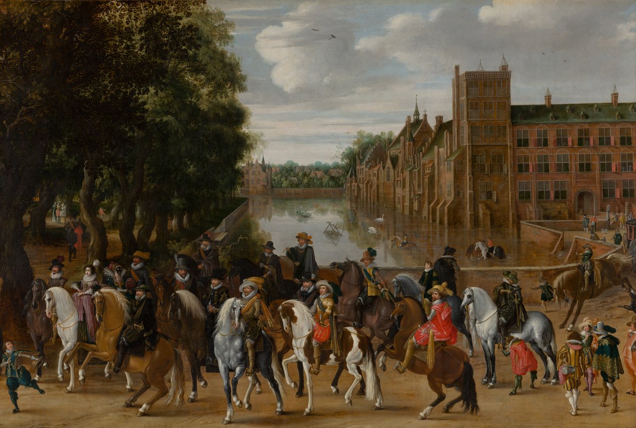 Orangen prinssit ja heidän perheensä hevosen selässä, ratsastus Buitenhofista, Haag, n. 1621-22 tekijältä Pauwels I van Hillegaert