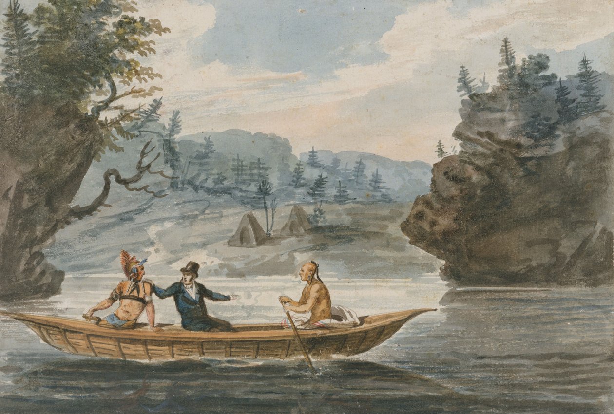 Kaksi intiaania ja valkoinen mies kanootissa, 1811-13 tekijältä Pavel Petrovich Svinin