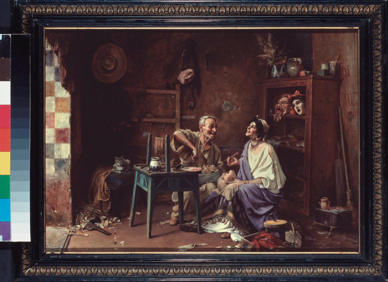 Atelier de masque (Naamiotyöpaja) - Peinture de Pavel Alexandrovich Svedomski (Svedomski) (1849-1904), öljy kankaalle tekijältä Pavel Alexandrovich Svedomsky