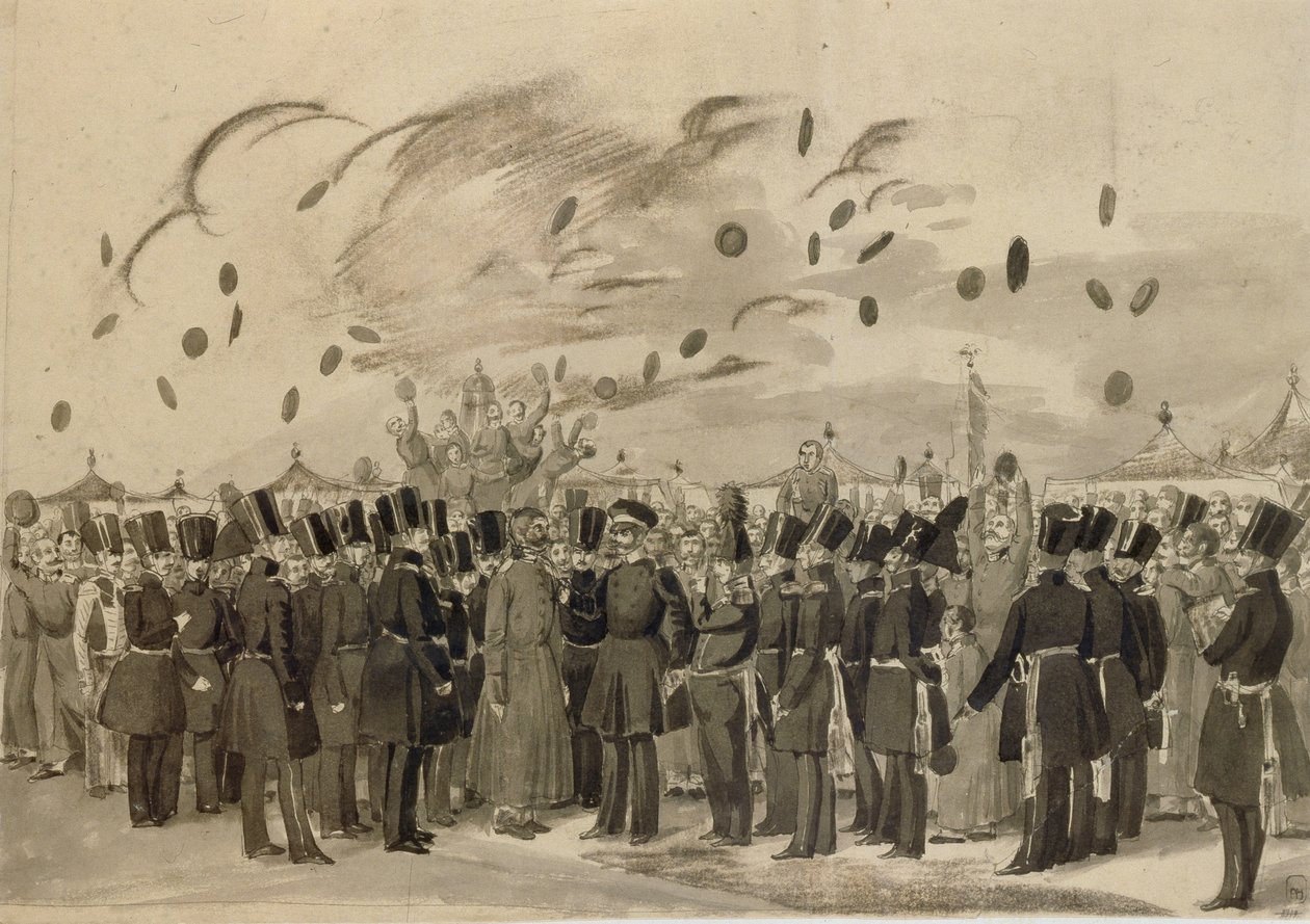 Suurruhtinas Mihail Pavlovich vierailee Suomen Hengenvartijarykmentin leirillä 8.7.1837.1837 tekijältä Pavel Andreevich Fedotov