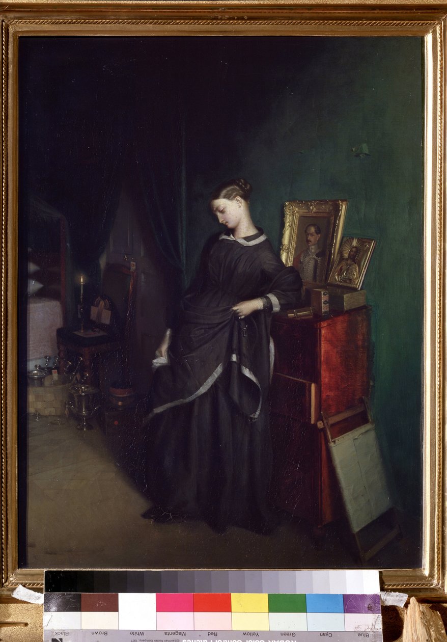""Nuori leski"" Hänen takanaan, hänen kuolleen aviomiehensä muotokuva. Pavel Andreevich Fedotov (1815-1852) maalaus noin 1850 Valtion Tretjakovin galleria, Moskova tekijältä Pavel Andreevich Fedotov