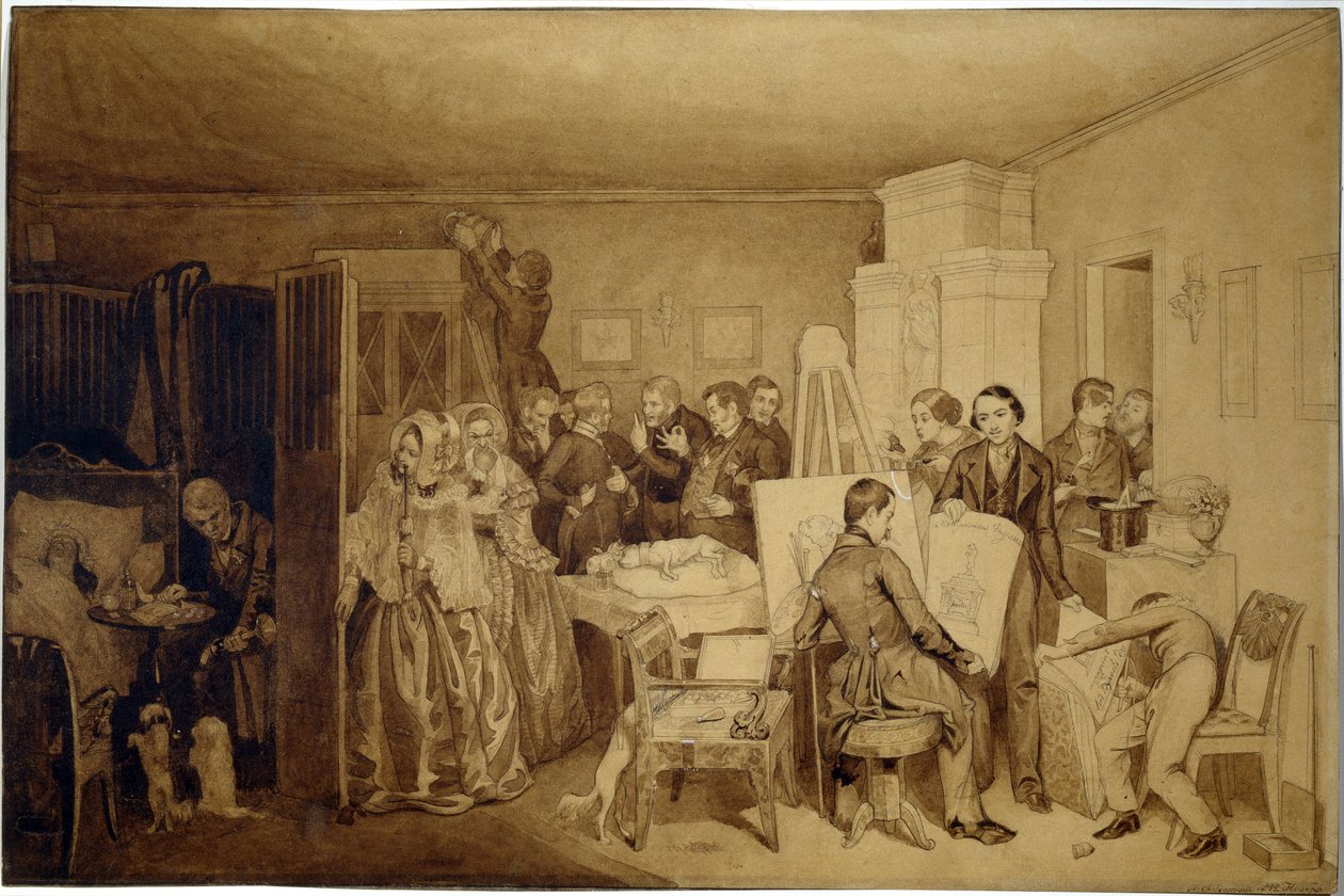 Fidelkan kuoleman seuraukset - Pavel Andrejevitš Fedotovin (1815-1852) teos, intialainen muste ja seepia paperille tekijältä Pavel Andreevich Fedotov