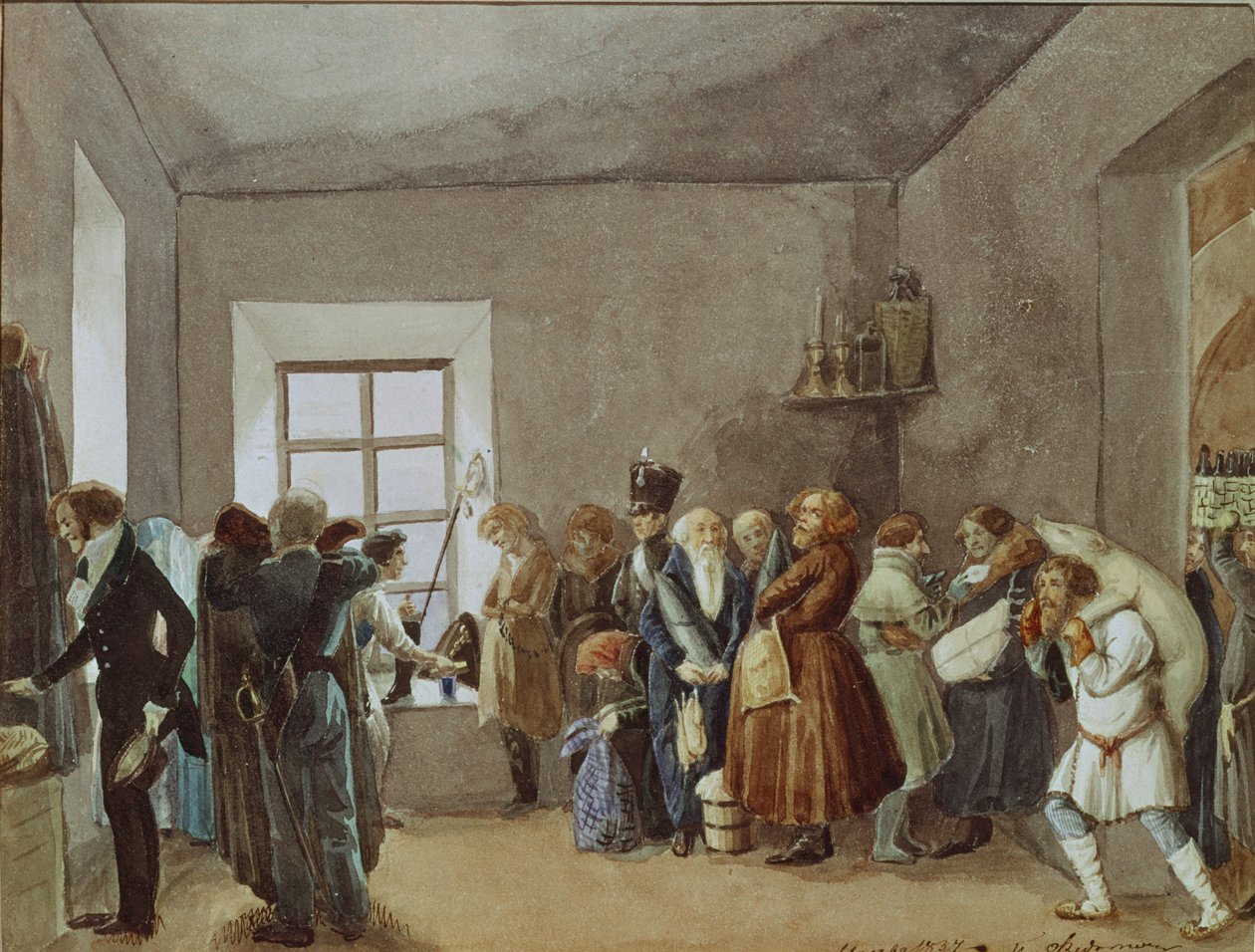 Poliisikomissaarien vastaanottohuone lomaa edeltävänä iltana, 1837 tekijältä Pavel Andreevich Fedotov