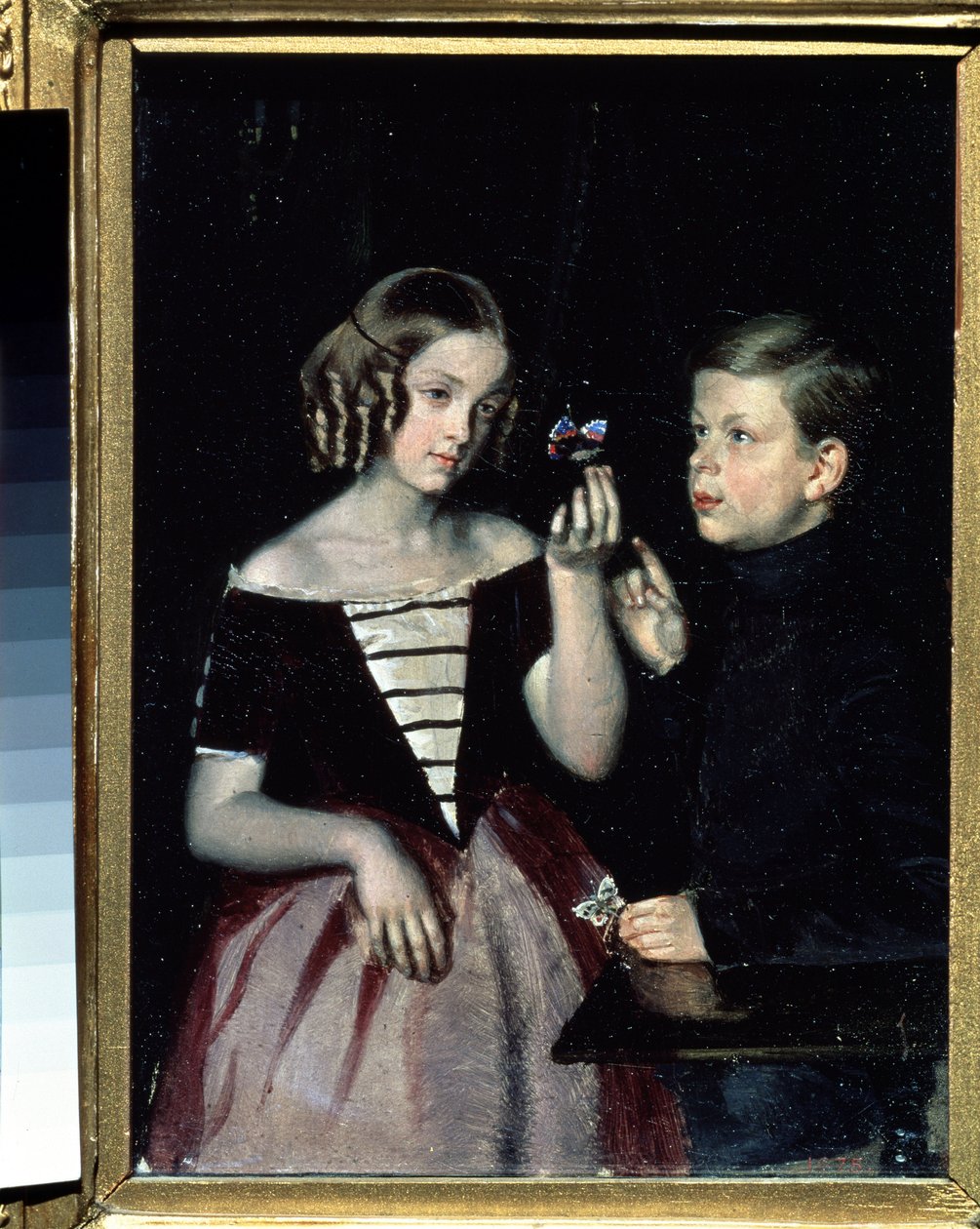 ""Muotokuva kahdesta gerbiinilapsesta miettimässä perhosta"" Pavel Fedotovin (1815-1852) maalaus noin 1851 Venäjän valtionmuseo, Pietari tekijältä Pavel Andreevich Fedotov