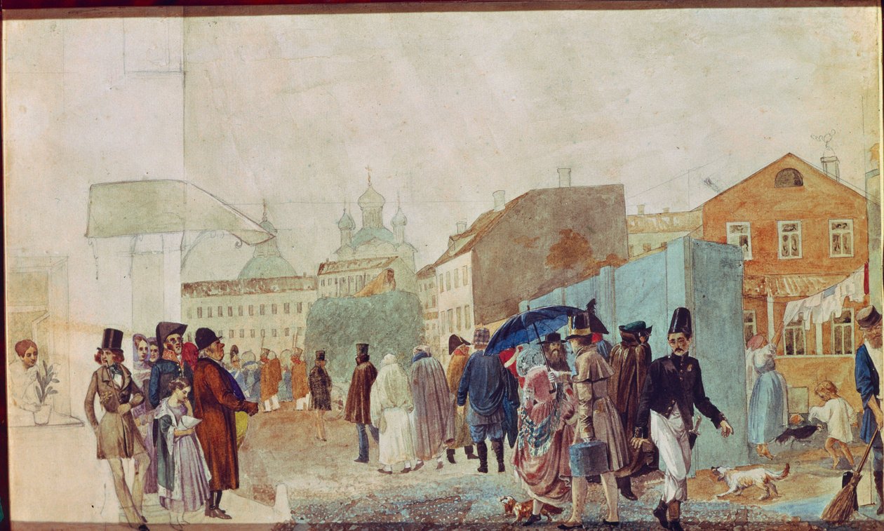 Katukuva sateessa Moskovassa. Pavel Andrejevitš Fedotovin (1815-1852) teos, akvarelli paperille tekijältä Pavel Andreevich Fedotov