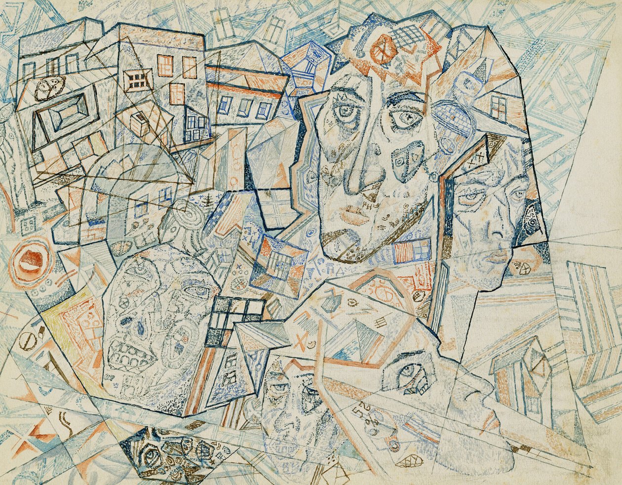 Kasvot kaupungissa, n. 1925 (akvarelli ja kynä ja muste paperille) tekijältä Pawel Nikolajewitsch Filonow