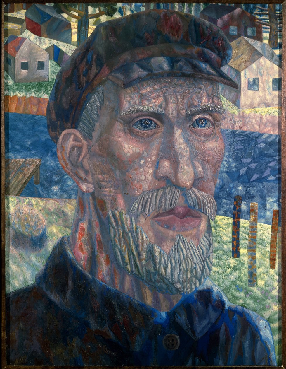 Kolhoosin jäsen. (Kolhoosin jäsen). Muotokuva Neuvostoliiton maanviljelijästä kollektivisointipolitiikan aikana Jossif Stalinin (Stalinin) hallituksen (Joseph Vissarionovich Djougachvili dit) (1879-1953) johtamana vuosina 1928-1940. Maalaus tekijältä Pawel Nikolajewitsch Filonow