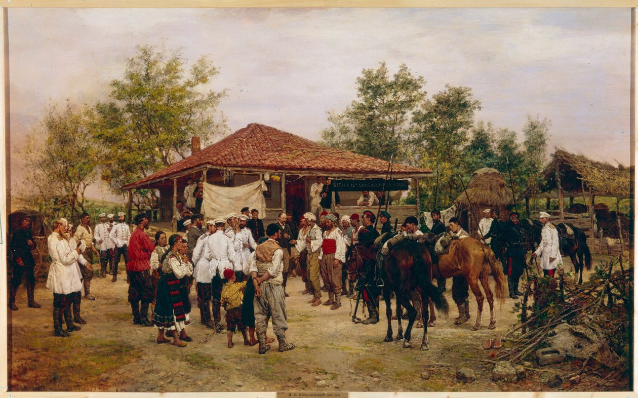 Venäjän-Turkin (Venäjä-Turkin) sota 1877-1878: kaksitoista Venäjän armeijakuntaa Shipka Passin taistelun aikana Bulgariassa (12 armeijajoukon esikunta Bulgariassa vuonna 1877). Pavel Osipovich Kovalevskyn maalaus tekijältä Pavel Osipovich Kovalevsky