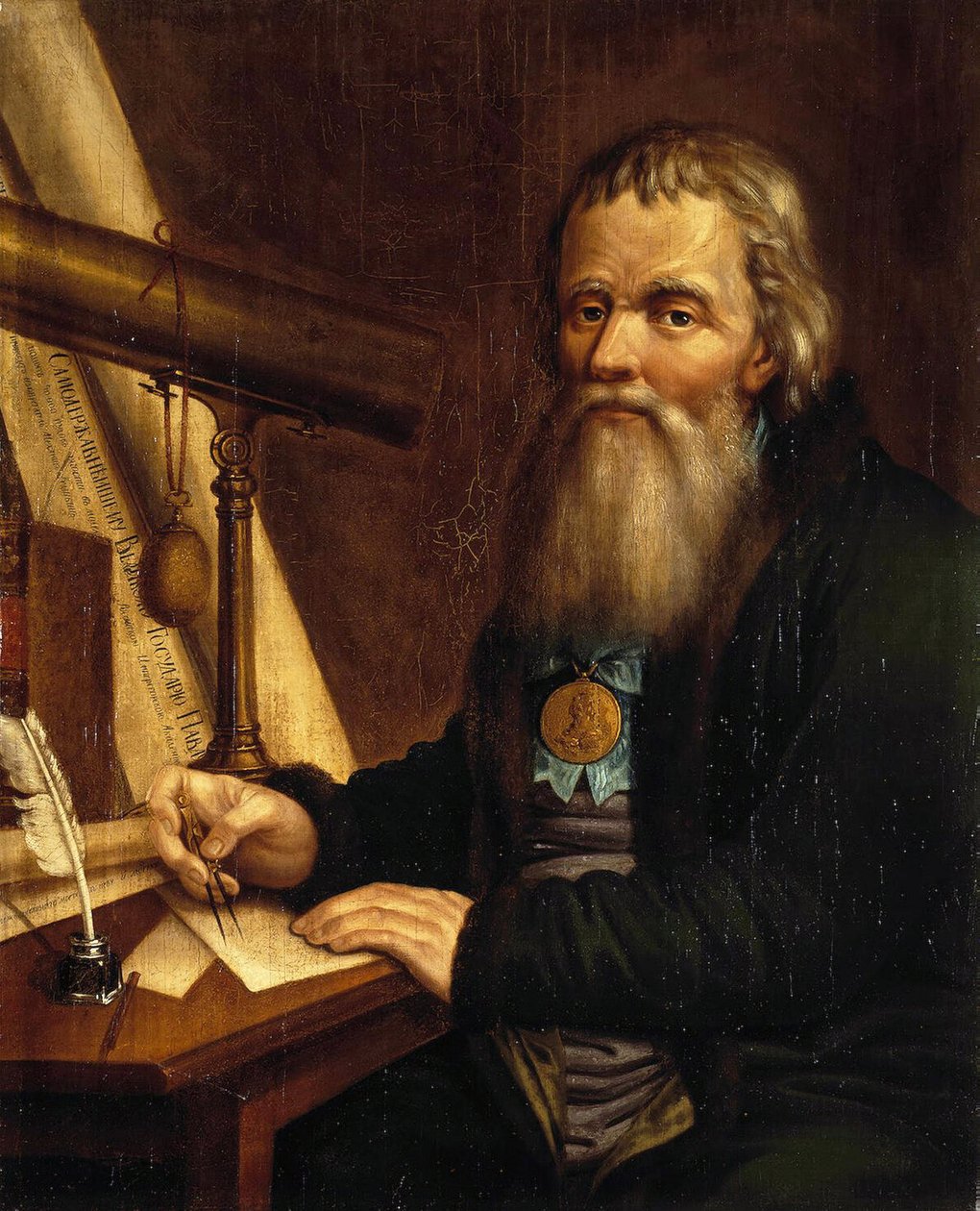 Ivan Petrovitš Koulibinen (Kulibin) (1735-1818), venäläisen keksijän ja mekaanikon muotokuva kompassin avulla (Mekaanikon ja keksijän Ivan P. Kulibinin muotokuva). Pavel Petrovitš Vedenetskyn (1766-1847) maalaus tekijältä Pavel Petrovich Vedenetsky