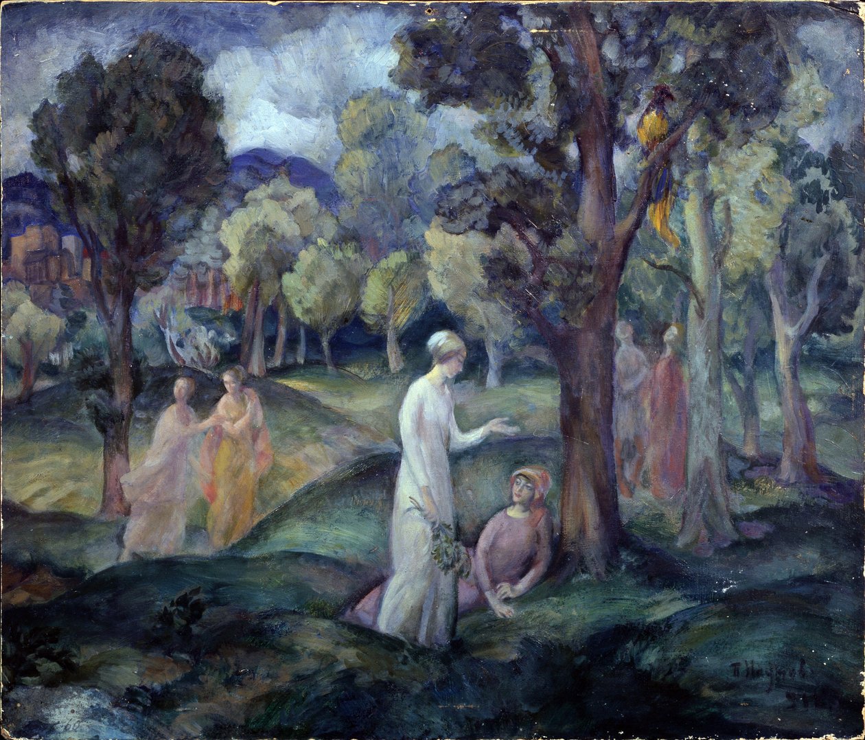 Kävely peltojen läpi. (Kävely kenttien läpi). Vapaa-ajan kohtaus, nuoret naiset puiden välissä kukkuloilla. Pavel Semjonovich Naumovin (1884-1942) työ, öljy pahville tekijältä Pavel Semenovich Naumov