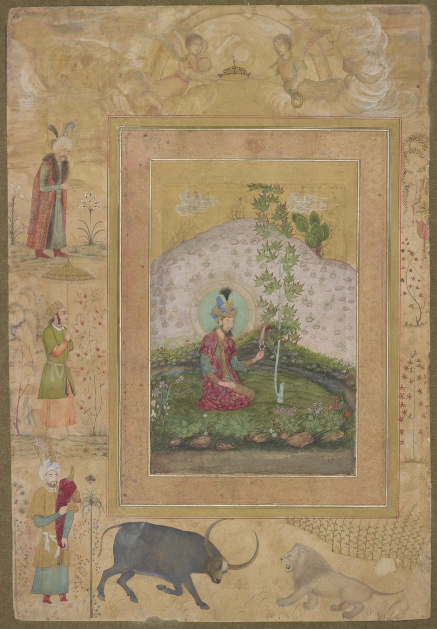 Humayun Seated in a Landscape, edesmenneeltä Shah Jahan -albumilta, irrotettu albumifolio, n. 1650 tekijältä Payag