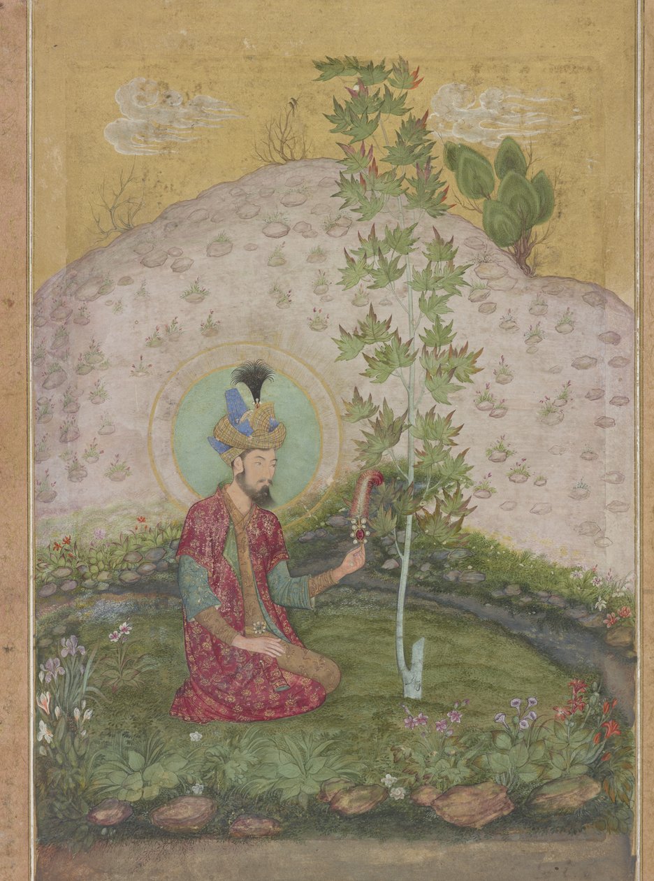 Yksityiskohta Humayunista, joka istuu maisemassa, Late Shah Jahan -albumista, n. 1650 (wc, mustetta ja kultaa paperilla) tekijältä Payag