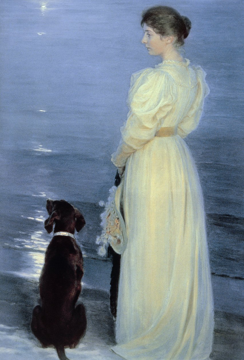 Kesäilta Skagenissa, taiteilijavaimo koiran kanssa rannalla, 1892 tekijältä Peder Severin Krøyer
