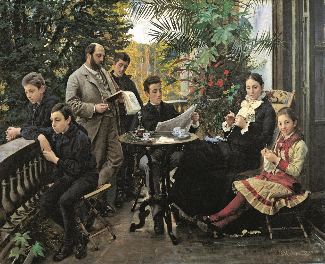 Hirschsprungin perheen muotokuva. Vasemmalta Ivar, Aage, Heinrich, Oscar, Robert, Pauline ja Ell ... tekijältä Peder Severin Krøyer