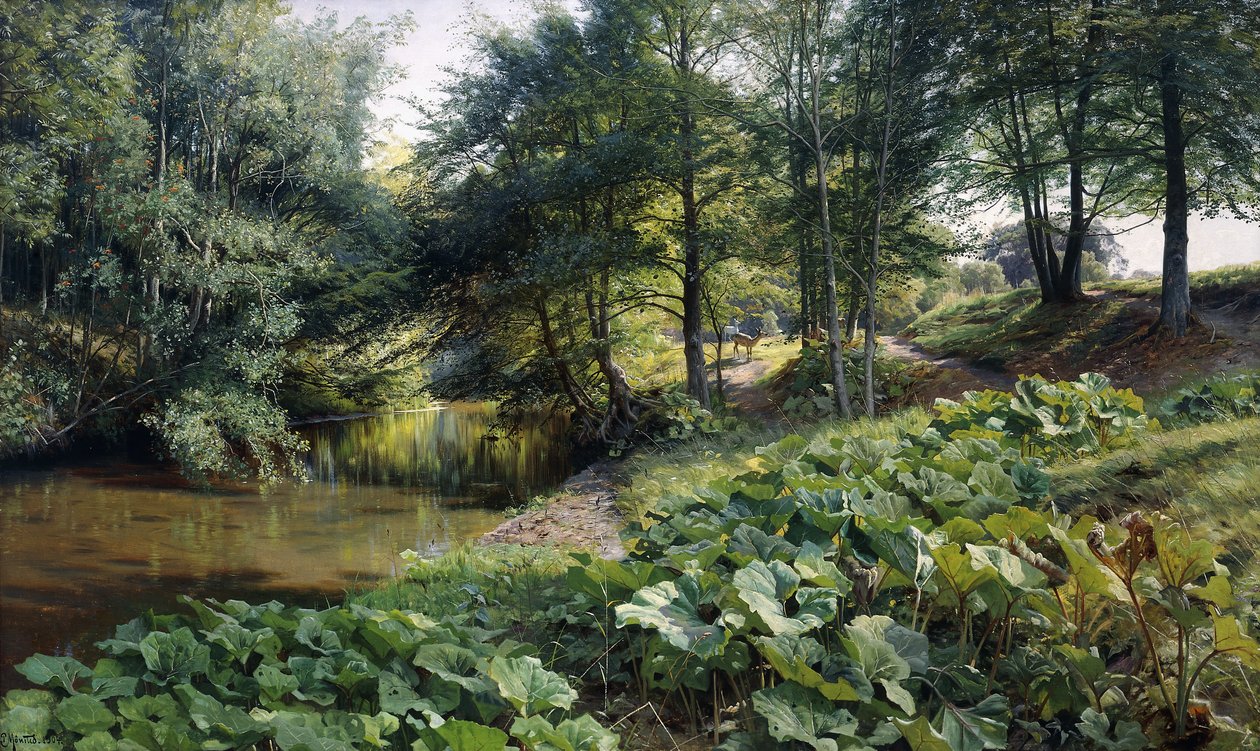 Metsäinen jokimaisema hirvien kanssa tekijältä Peder Monsted