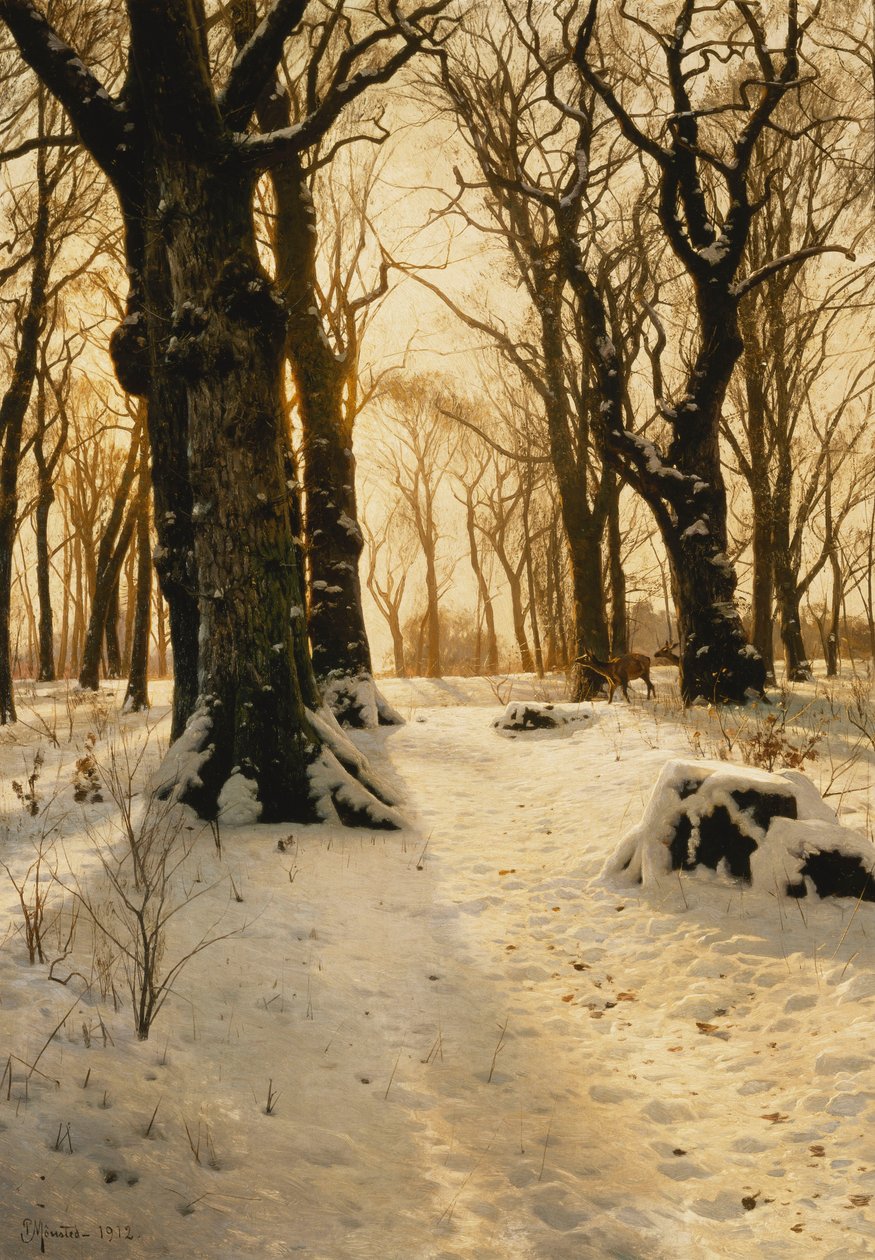Metsäinen talvimaisema peurojen kanssa tekijältä Peder Monsted