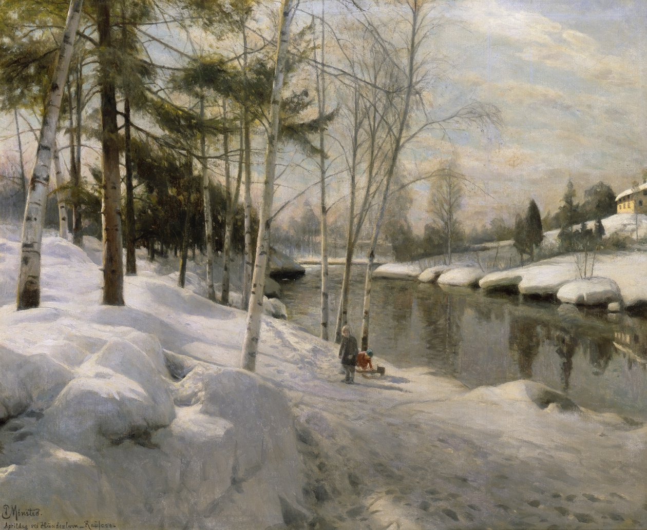 Huhtikuun päivä Hunnselvan rannalla, Raufoss (öljy kankaalle) tekijältä Peder Monsted