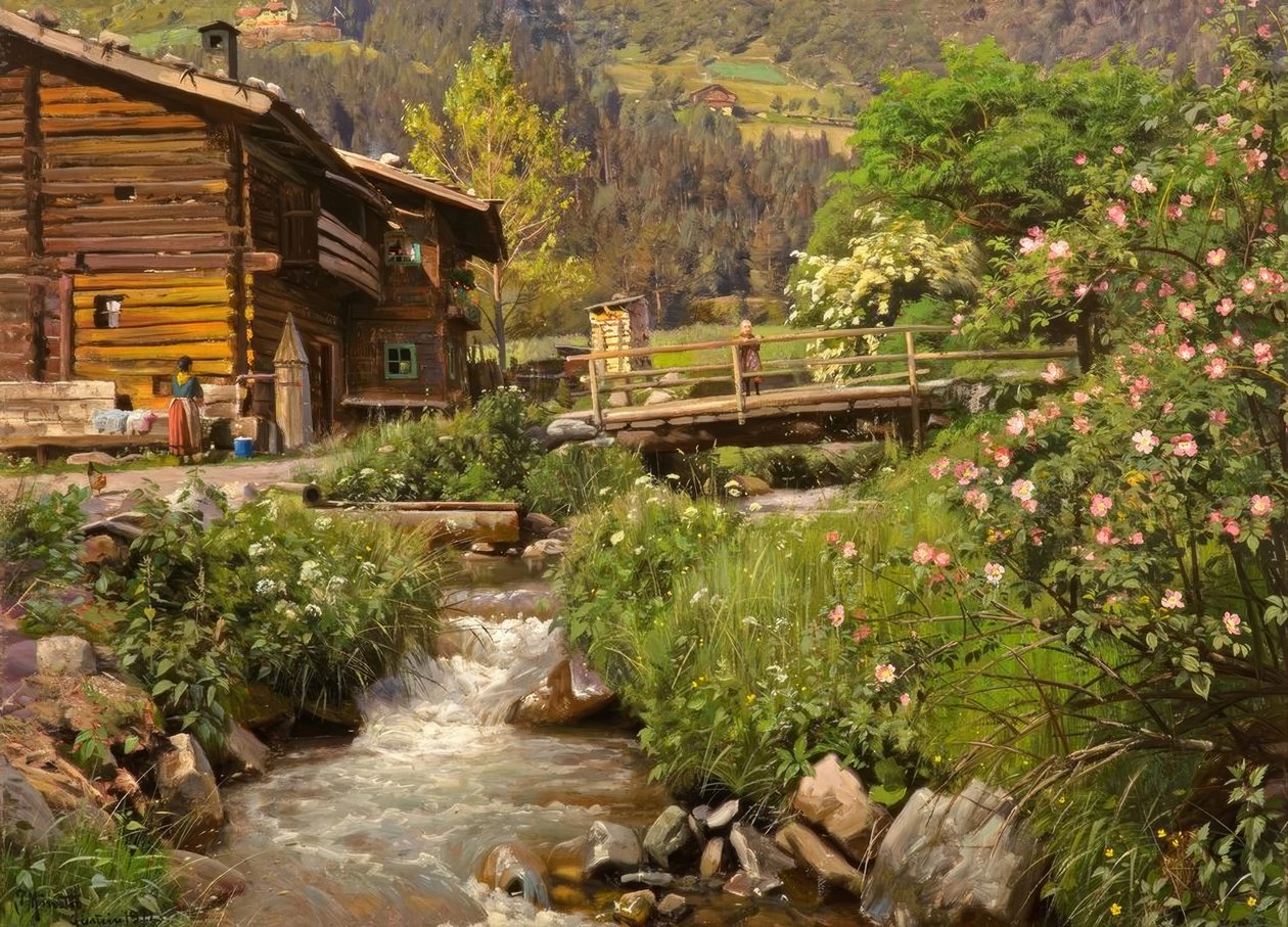P.Mönsted, vuoristomökki puron varrella. tekijältä Peder Monsted