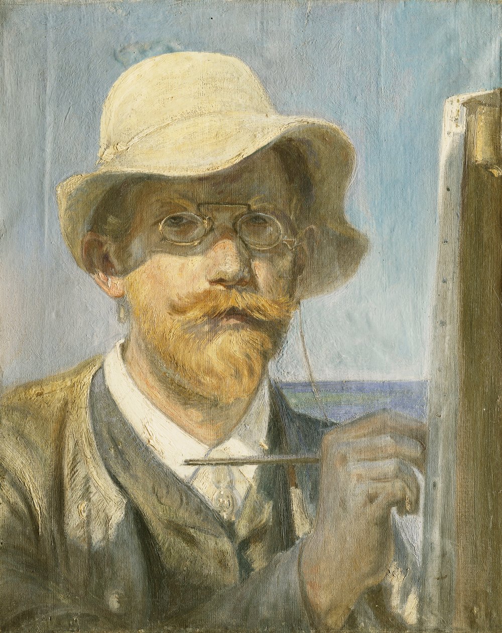 Taiteilijan omakuva, pää ja hartiat maalaustelineessa, tekijältä Peder Severin Krøyer
