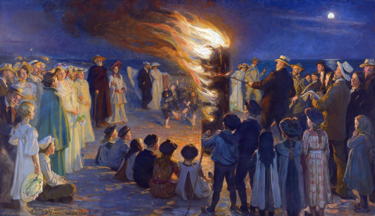 Veillee de Saint Jean sur la plage de Skagen (Tanska) - Juhannusaaton kokko Skagenin rannalla, kirjoittanut Kroyer, Peder Severin (1851-1909). Öljy kankaalle. Mitat: 149,5x257 cm. Skagensin museo tekijältä Peder Severin Krøyer